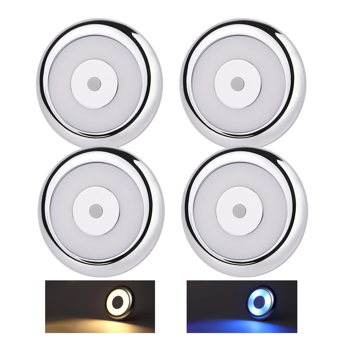 12V LED Ceiling Dome Light Dimmable RV Boat 3” Under Cabinet Down Light, Surface Mount Ceiling Light, Inbuilt Dimmer Switch & Blue Nightlight, CRI90 Chrome