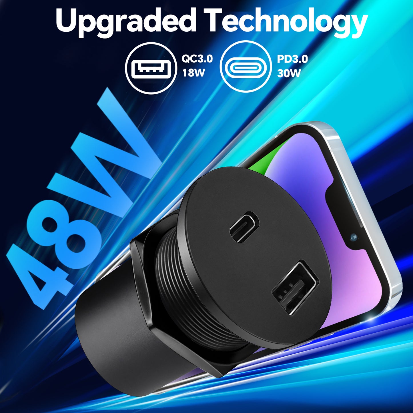 12V USB Outlet 48W Aluminum USB Charger Socket Dual Port Fast Charging Recessed Mount for RV Boat