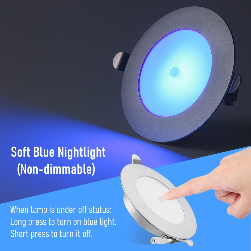 12V LED Puck Light, RV Boat Recessed Ceiling Light Under Cabinet with Press Dimmer, Dimmable White Light & Blue Nightlight, 3-1/4” Full Aluminum 4-Pack