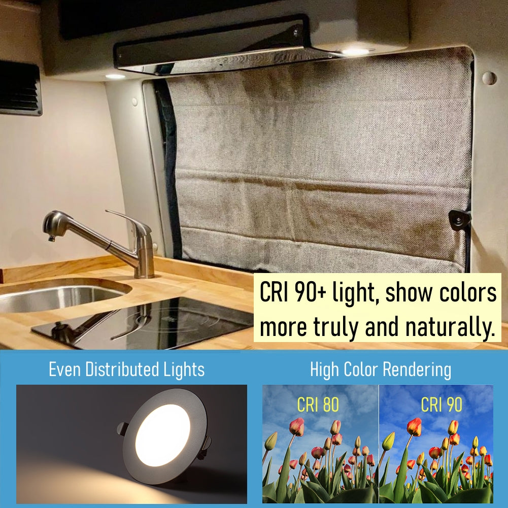 12V LED Puck Light, RV Boat Recessed Ceiling Light Under Cabinet with Press Dimmer, Dimmable White Light & Blue Nightlight, 3-1/4” Full Aluminum 4-Pack