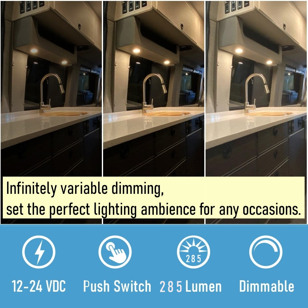 12V LED Puck Light, RV Boat Recessed Ceiling Light Under Cabinet with Press Dimmer, Dimmable White Light & Blue Nightlight, 3-1/4” Full Aluminum 4-Pack