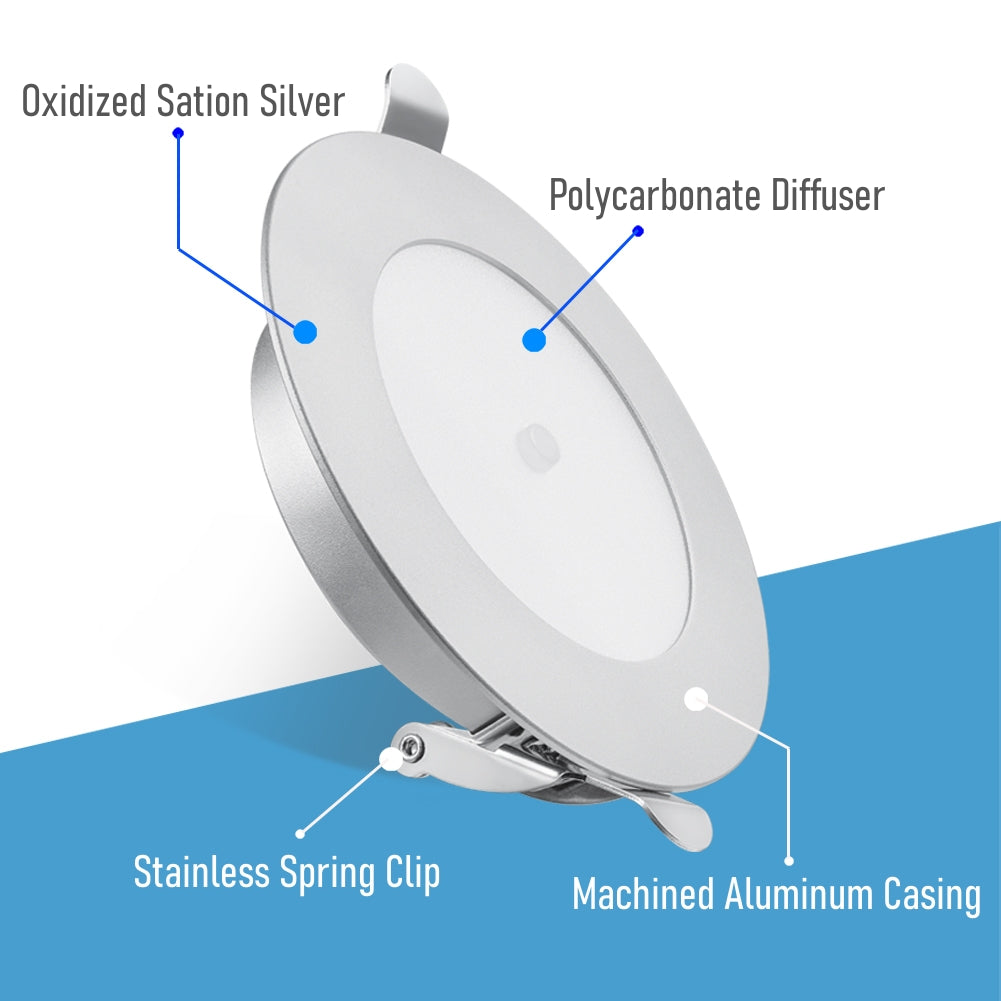12V LED Puck Light, RV Boat Recessed Ceiling Light Under Cabinet with Press Dimmer, Dimmable White Light & Blue Nightlight, 3-1/4” Full Aluminum 4-Pack