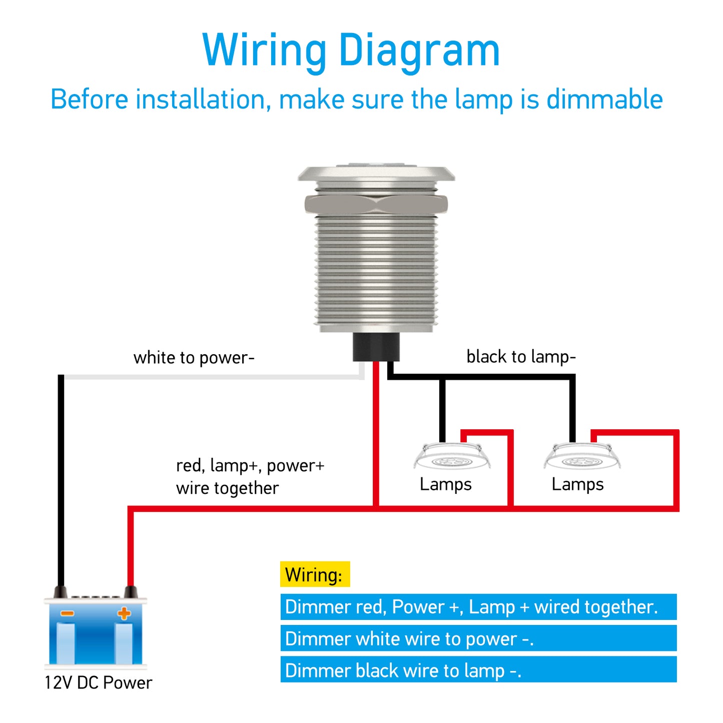 12V Dimmer Switch PWM Low Side, Push Button Dimmer for RV Boat Lighting & Led Strip Light, 6A Full Aluminum with Red Ring Light