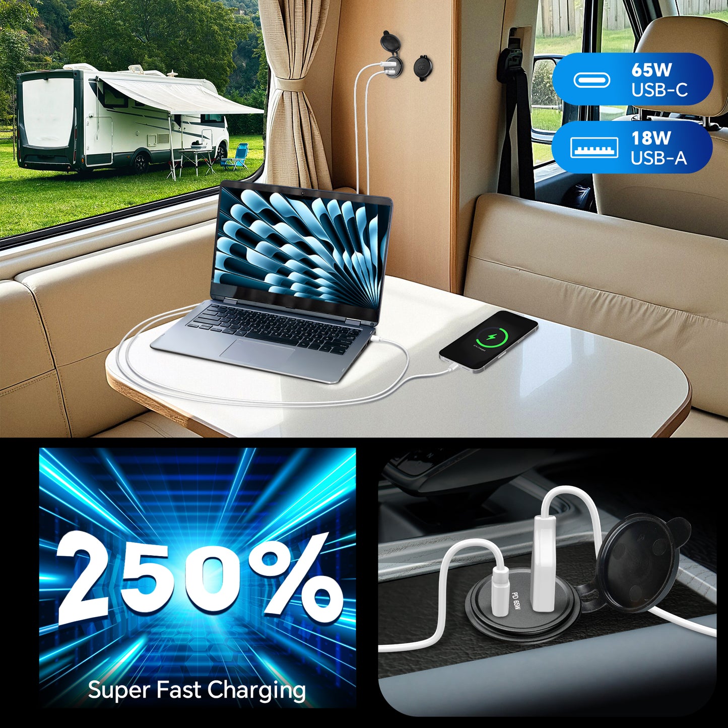 12V USB Socket 65W PD3.0 & 18W QC3.0, RV USB Outlet Aluminum Starlink mini Laptop Waterproof, Fast Charging for Marine Boat Bus Car Truck ATV Golf
