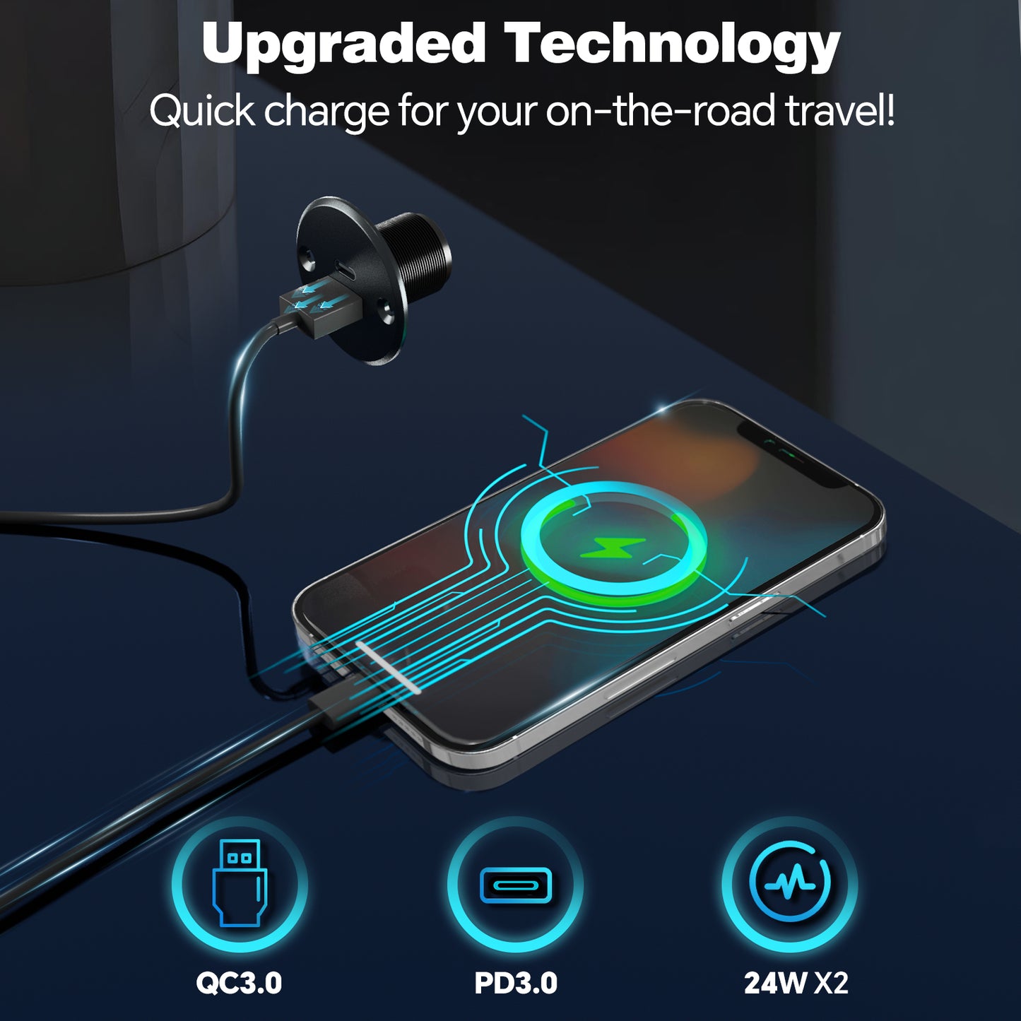 RV 12V USB Outlet USB Charger All-Aluminum, Type A + Type C Ports with Max 24W Output Per Port, PD3.0&QC3.0 Fast Charging for Boat Bus Truck