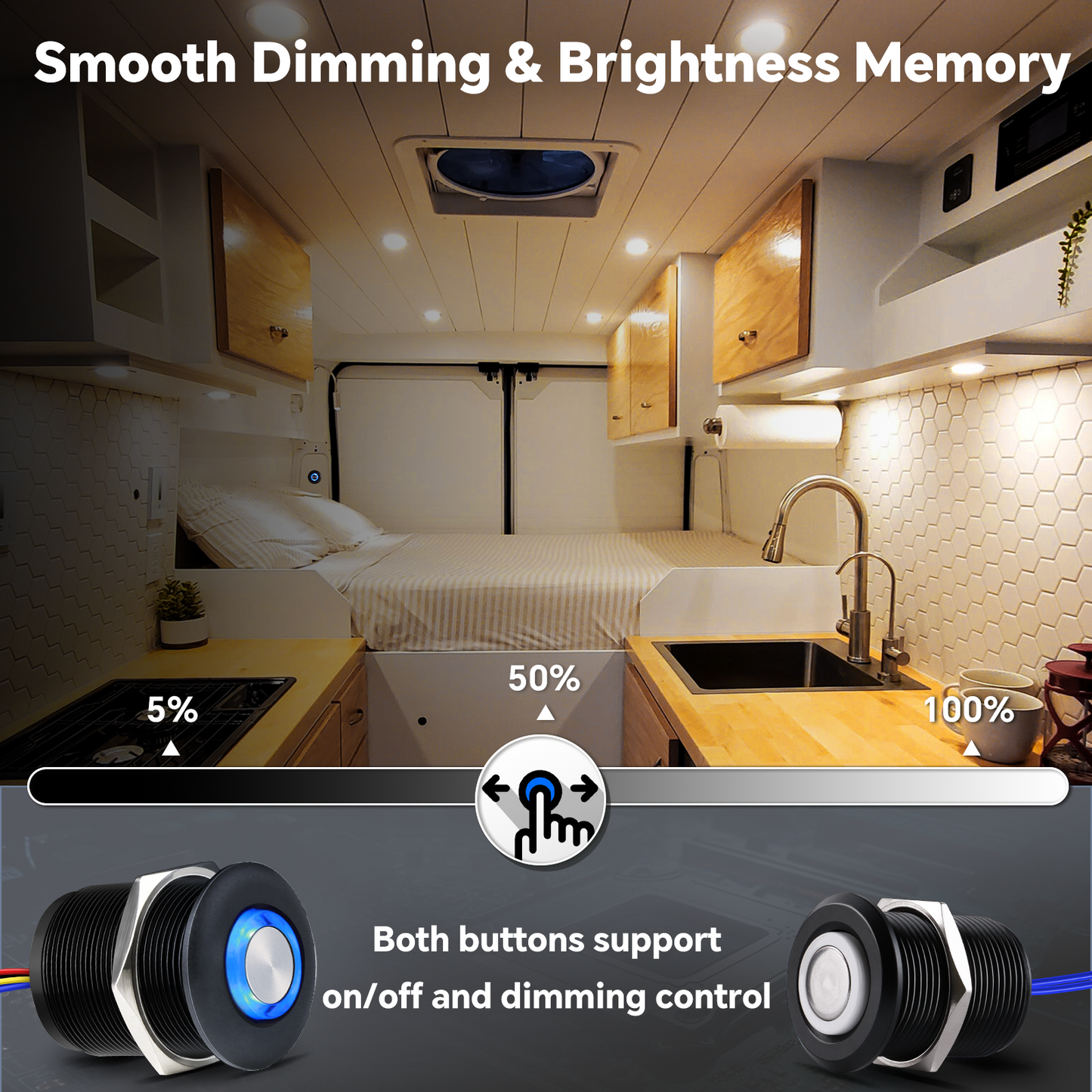 12V 3-way Dimmer Switch Kit, RV On/off/dimming Control Light for Motorhome Boat Camper Van Truck, LED Strip Light, All-aluminum, 6A
