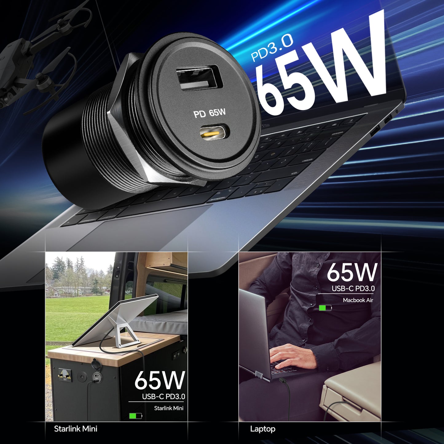 12V USB Socket 65W PD3.0 & 18W QC3.0, RV USB Outlet Aluminum Starlink mini Laptop Waterproof, Fast Charging for Marine Boat Bus Car Truck ATV Golf