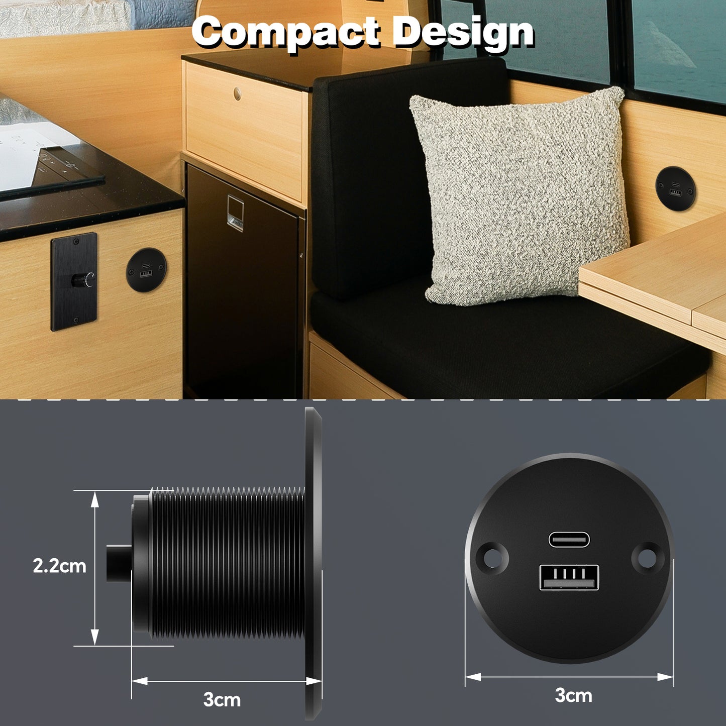 RV 12V USB Outlet USB Charger All-Aluminum, Type A + Type C Ports with Max 24W Output Per Port, PD3.0&QC3.0 Fast Charging for Boat Bus Truck