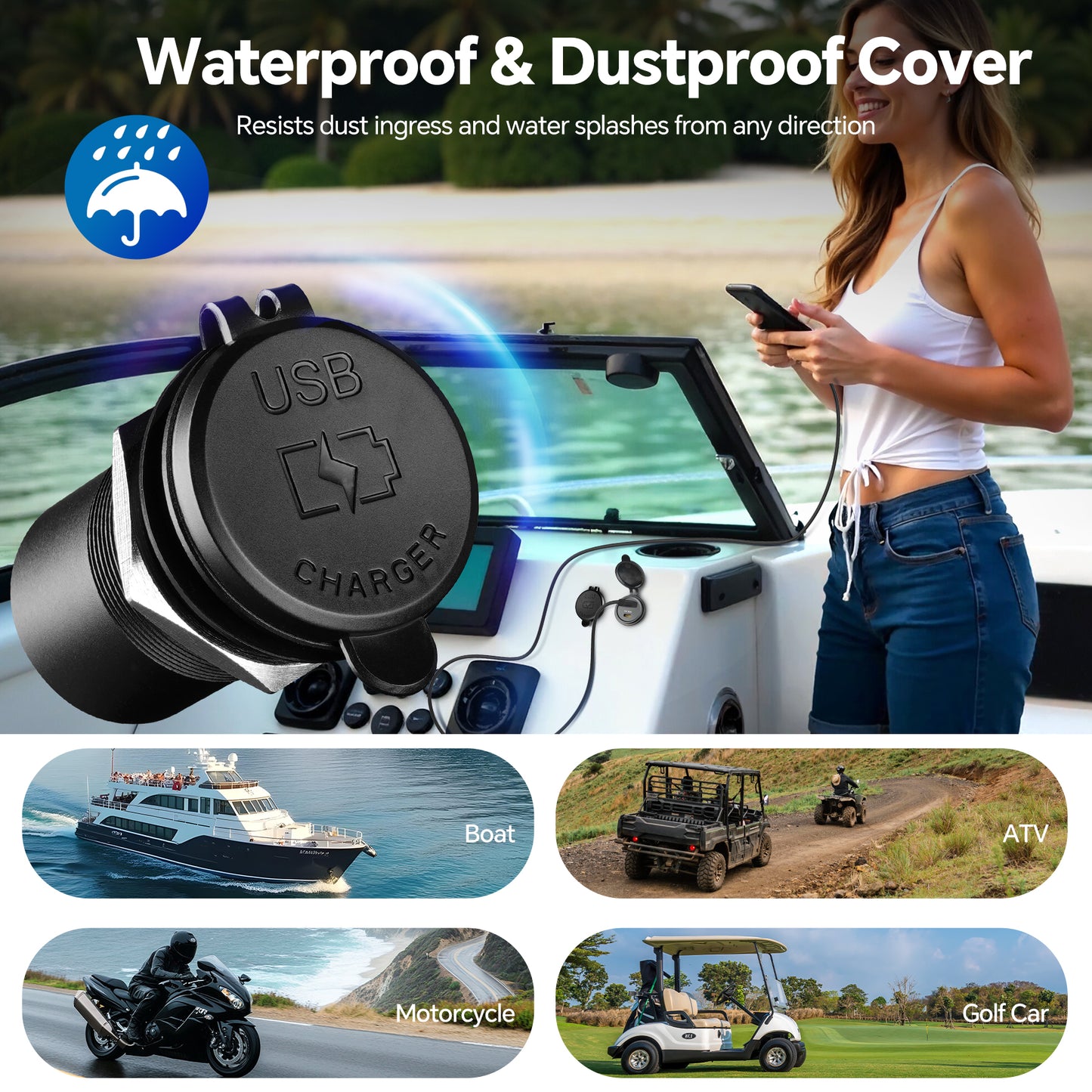 12V USB Socket 65W PD3.0 & 18W QC3.0, RV USB Outlet Aluminum Starlink mini Laptop Waterproof, Fast Charging for Marine Boat Bus Car Truck ATV Golf