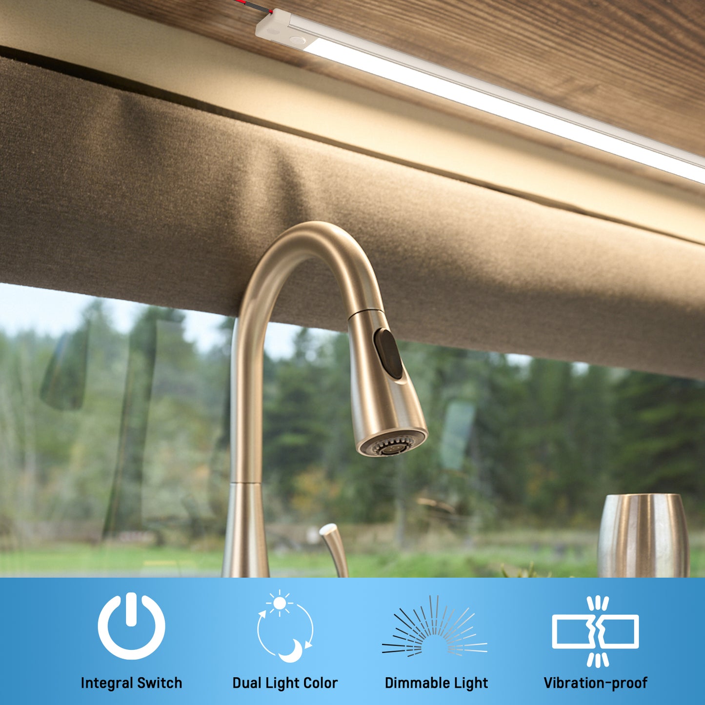 RV 12V Under Cabinet LED Lighting Linear Light Bar with Integral Dimming Switch & Red Light, Screw Mount Hard-Wired CRI90+ 12 Inches 2 Pack