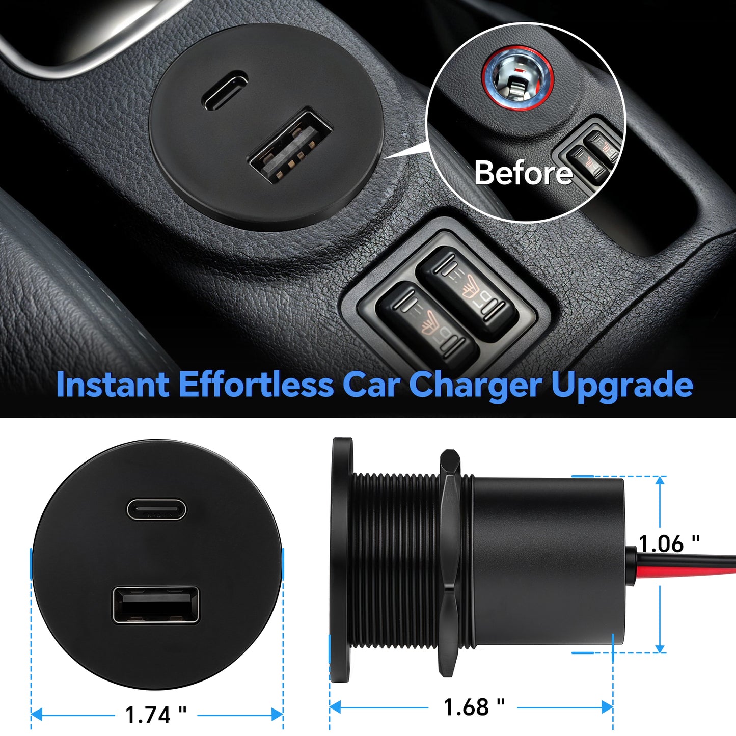 12V USB Outlet 48W Aluminum USB Charger Socket Dual Port Fast Charging Recessed Mount for RV Boat