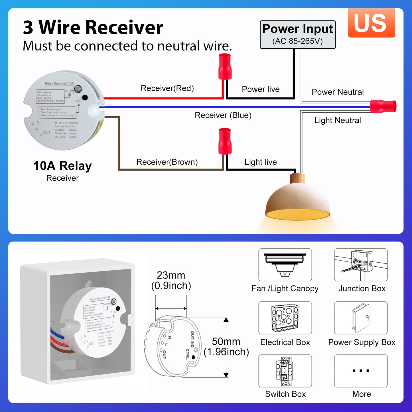 Acegoo Remote Control Receiver 3 Wire Controller AC85-265V Input Max 10A Amps, Works with Wireless Switches (Receiver Only)