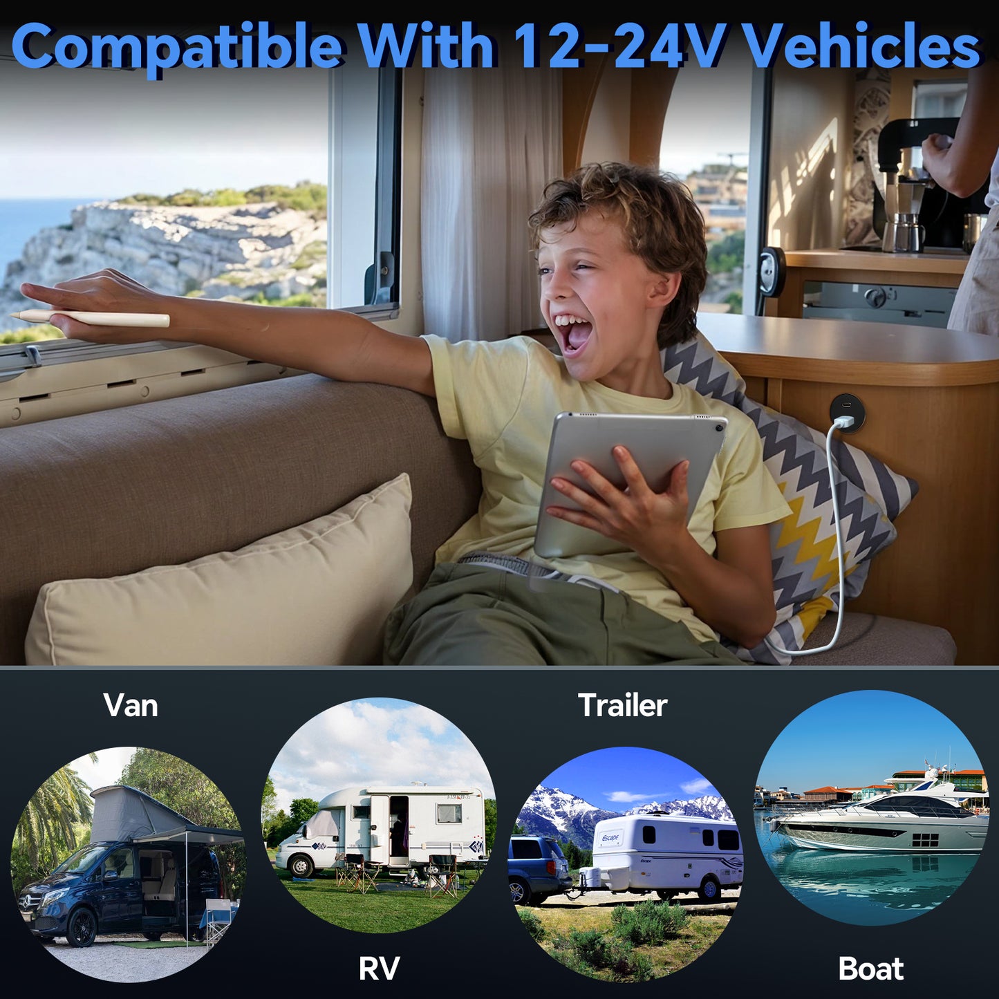 12V USB Outlet 48W Aluminum USB Charger Socket Dual Port Fast Charging Recessed Mount for RV Boat