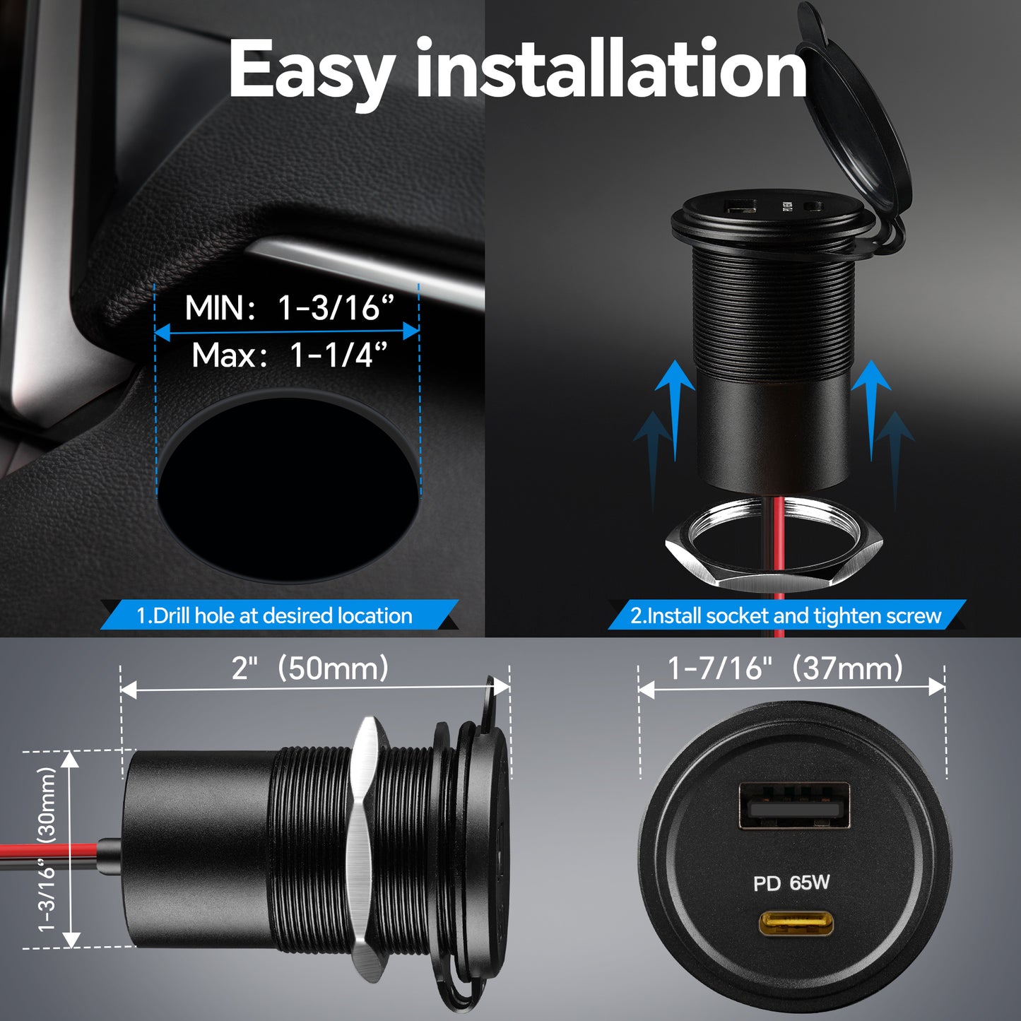 12V USB Socket 65W PD3.0 & 18W QC3.0, RV USB Outlet Aluminum Starlink mini Laptop Waterproof, Fast Charging for Marine Boat Bus Car Truck ATV Golf