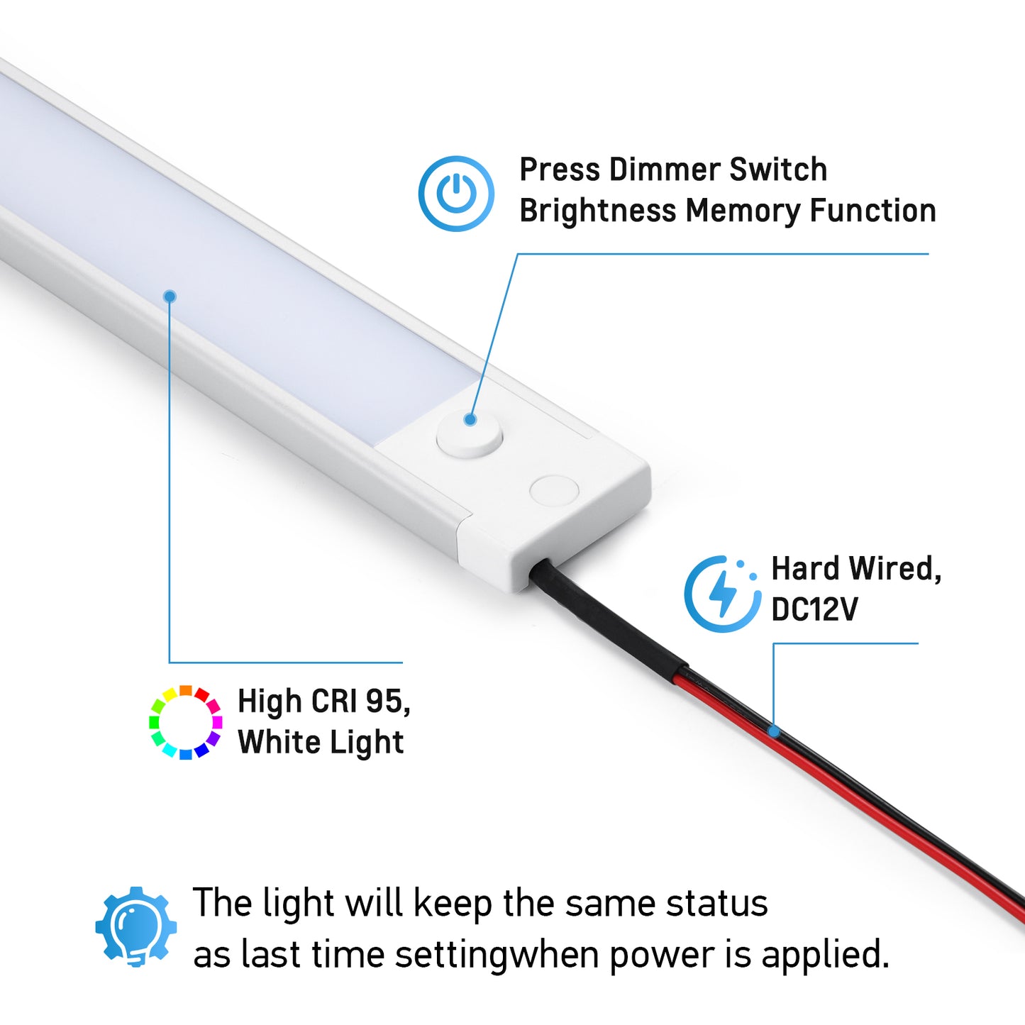 RV 12V Under Cabinet LED Lighting Linear Light Bar with Integral Dimming Switch & Red Light, Screw Mount Hard-Wired CRI90+ 12 Inches 2 Pack