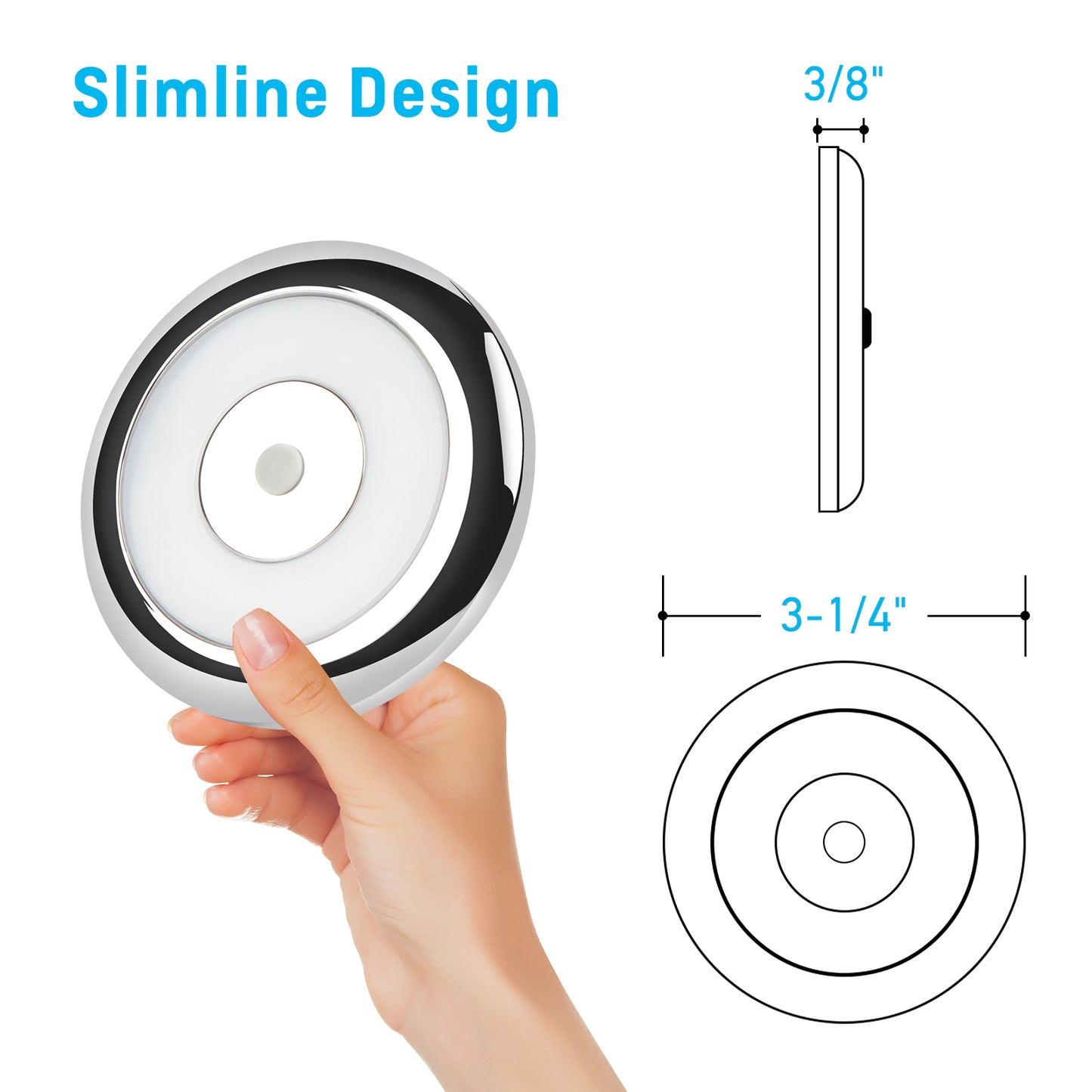 12V LED Ceiling Dome Light Dimmable RV Boat 3” Under Cabinet Down Light, Surface Mount Ceiling Light, Inbuilt Dimmer Switch & Blue Nightlight, CRI90 Chrome