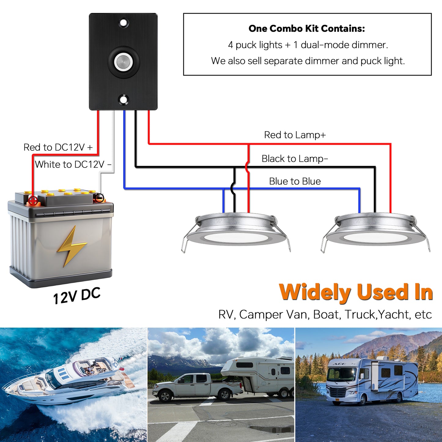 12V LED Puck Light Kit, 3” Recessed 12V Bi-color LED Downlight Full Aluminum for Boat Camper Van Trailer Motorhome, 3W CRI90+ Dual Color (12V Dimmer included)