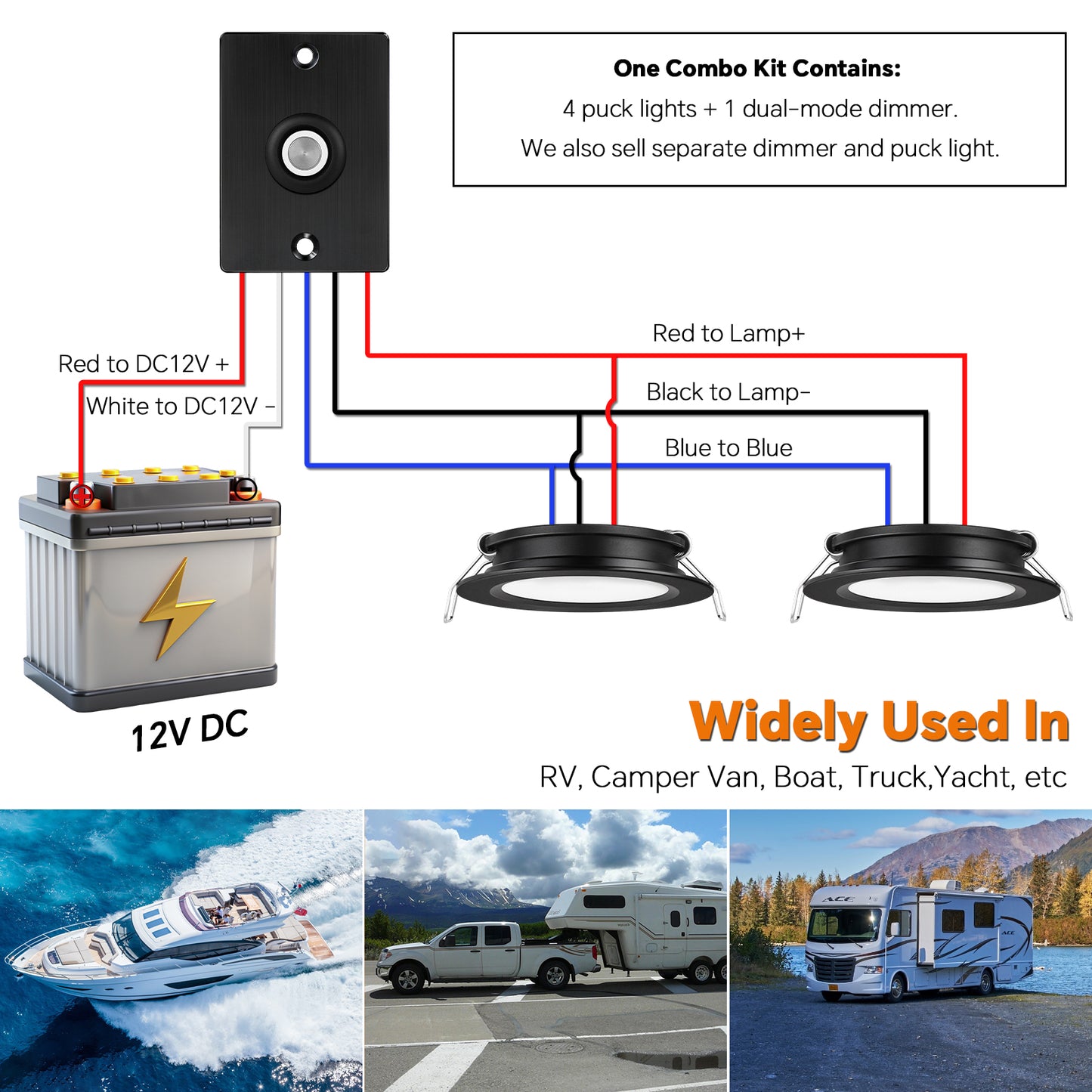 12V LED Puck Light Kit, RV 3” Bi-color LED Downlight Full Aluminum for Boat Camper Van Trailer Motorhome, 3W CRI90+ Dual Color (12V Dimmer included)