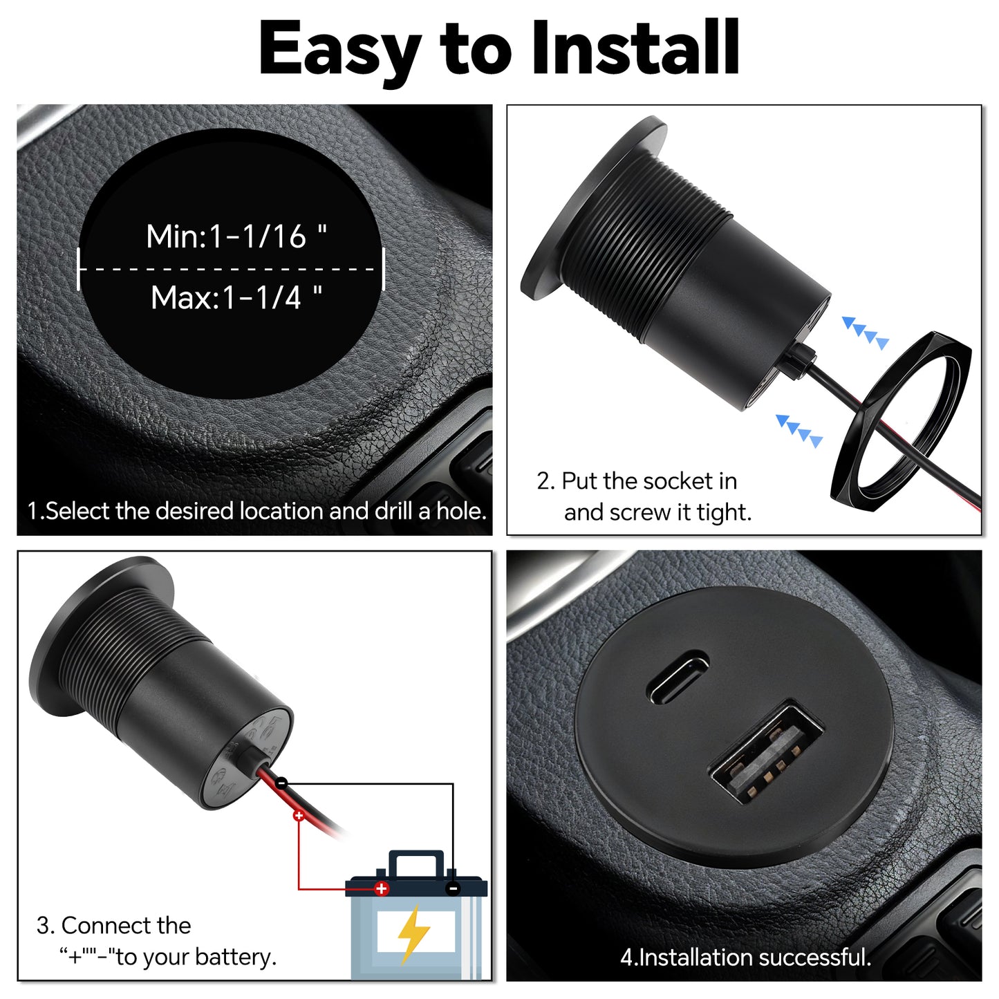 12V USB Outlet 48W Aluminum USB Charger Socket Dual Port Fast Charging Recessed Mount for RV Boat