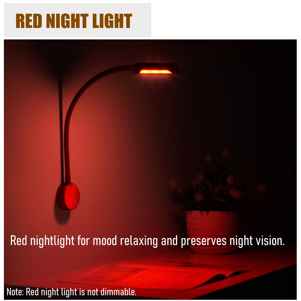 RV Reading Light 12V LED Inbuilt USB Charger & Red Night Light Flexible Gooseneck Wall Lamp for Caravan Boat, 4000K Hard-wired