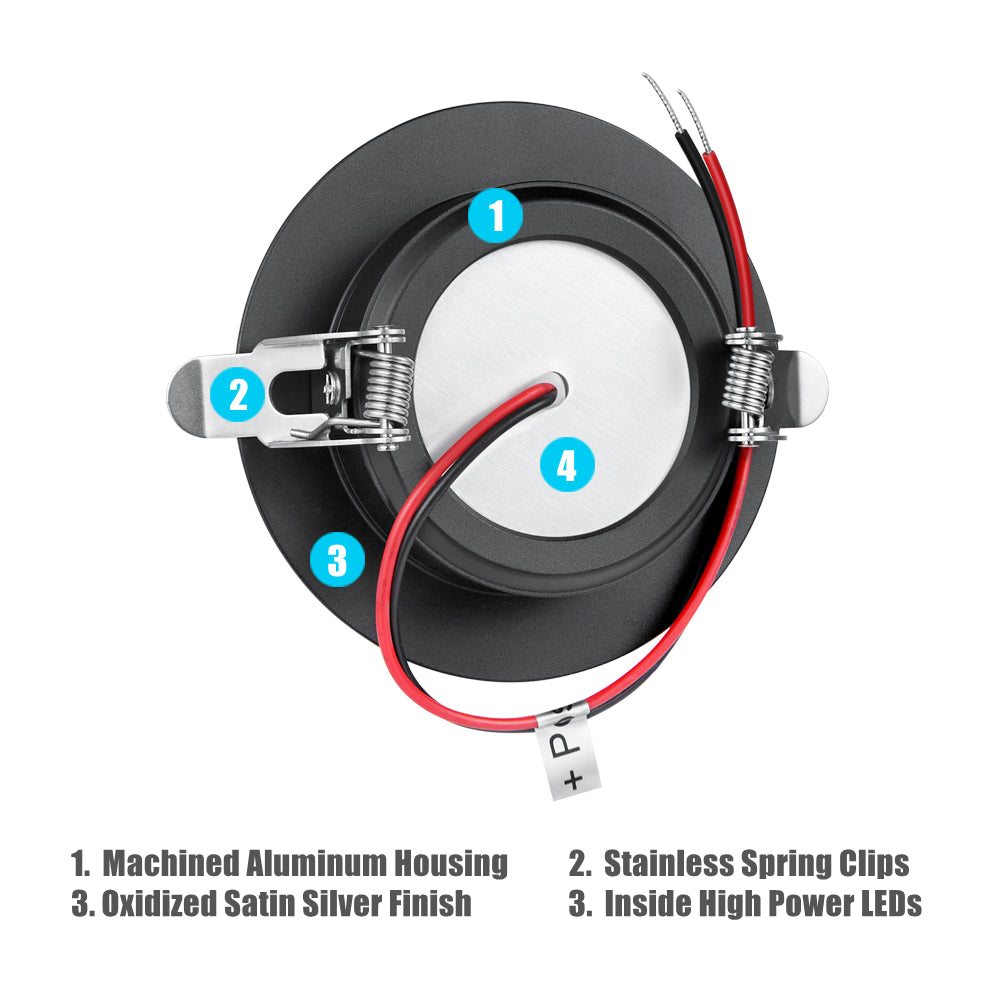 12V LED Puck Light, RV Boat Recessed LED Ceiling Light Overhead 3-1/4 Inch Flush Mount Full Aluminum CRI 90+ Black