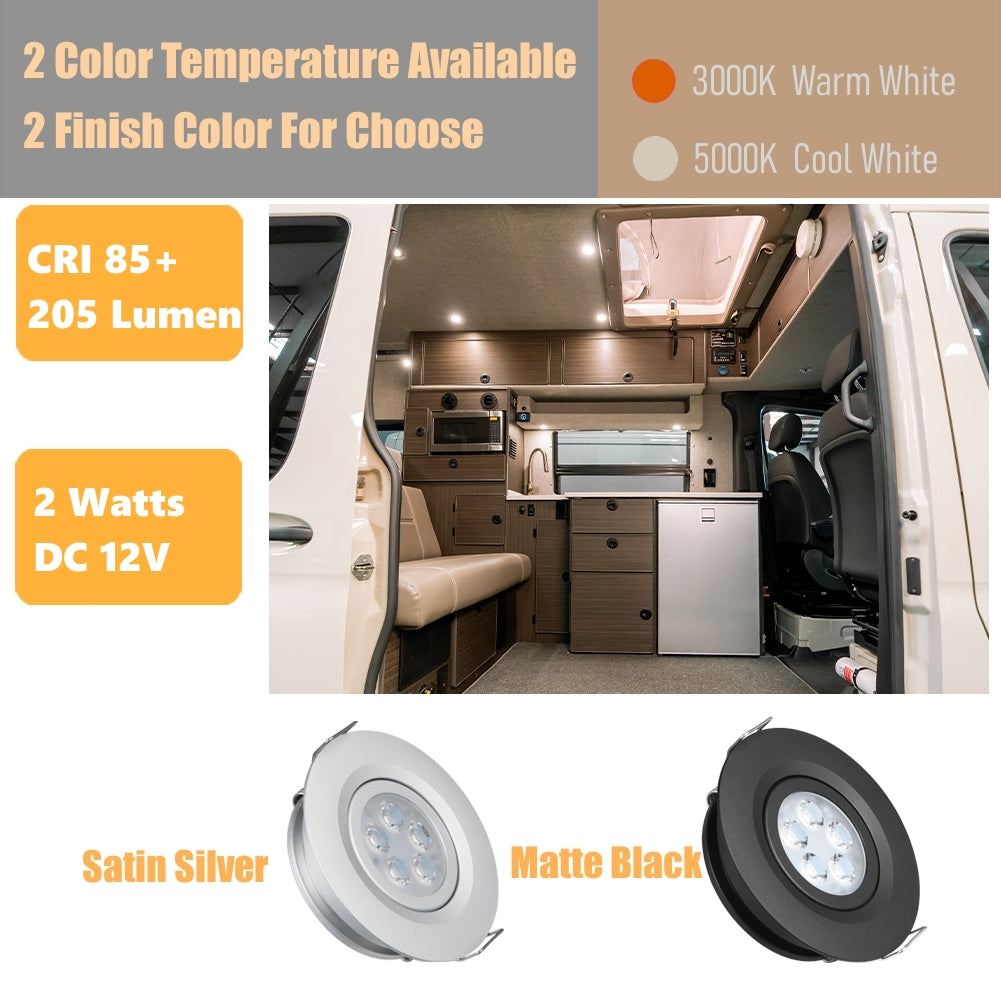12V LED Puck Light RV Swivel Recessed Spotlight 36° Beam Angle Vertical 70° Adjustment,Full Aluminum Diameter 2-3/4 Inch Black