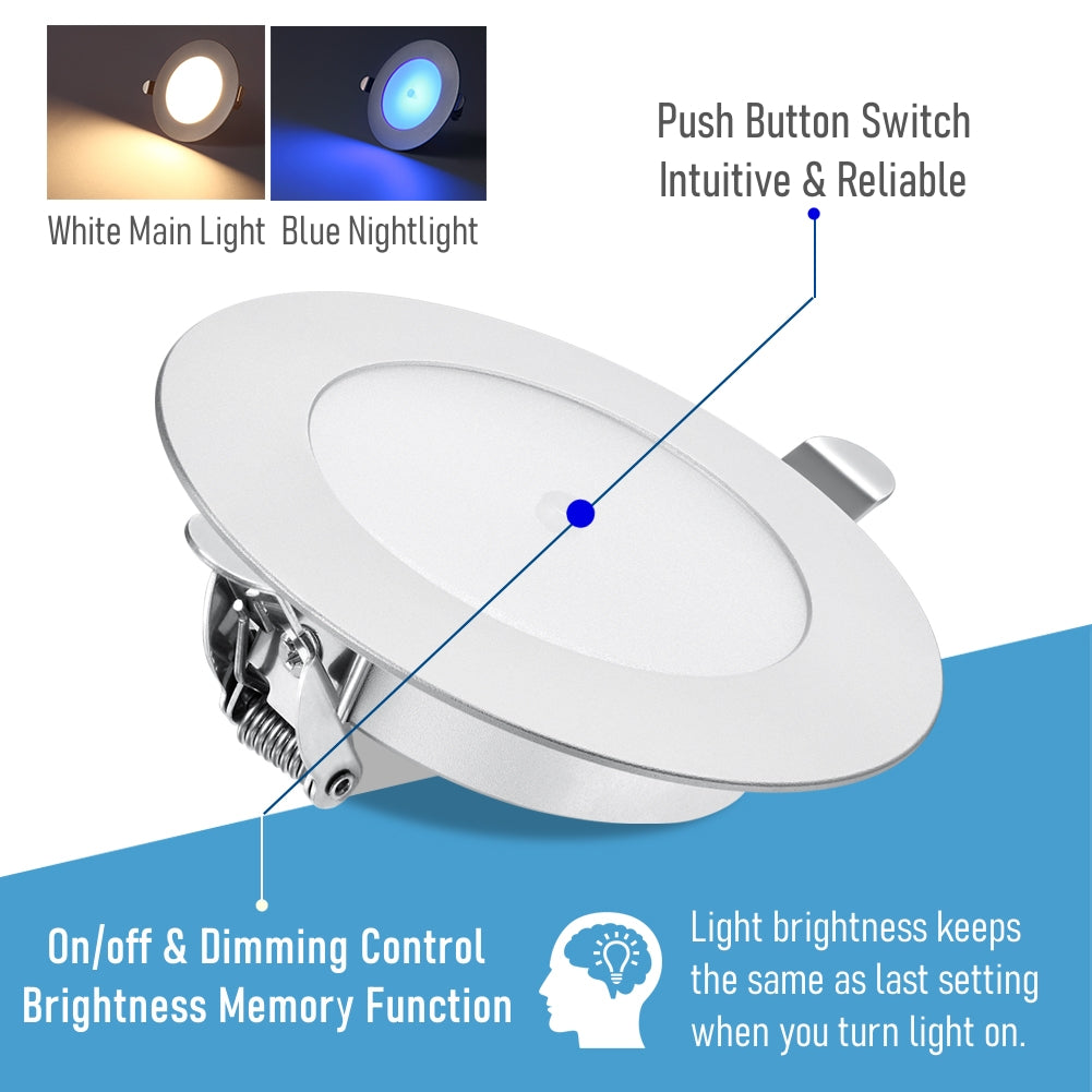 12V LED Puck Light, RV Boat Recessed Ceiling Light Under Cabinet with Press Dimmer, Dimmable White Light & Blue Nightlight, 3-1/4” Full Aluminum 4-Pack