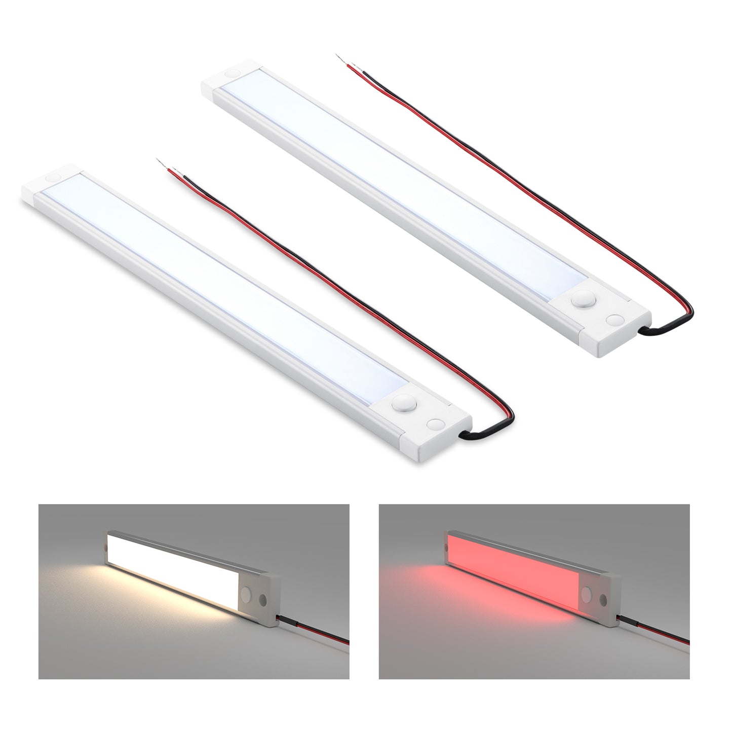 RV 12V Under Cabinet LED Lighting Linear Light Bar with Integral Dimming Switch & Red Light, Screw Mount Hard-Wired CRI90+ 12 Inches 2 Pack