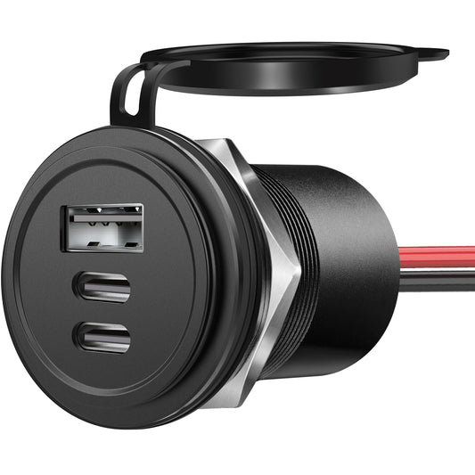 68W 3 Port 12V USB Outlet, Dual PD3.0 Type-C & QC3.0 USB Aluminum Car Charger, Multi Port USB