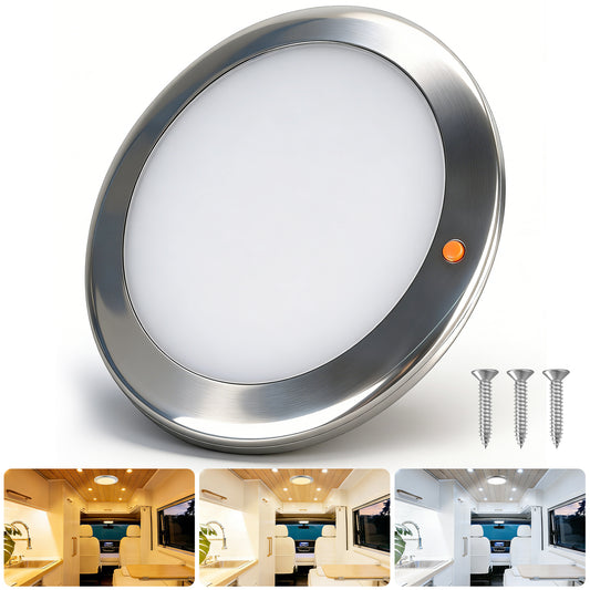 12V Stainless Ceiling Dome Light Campervan Boat 3 CCT 2700K/4000K/6000K Switchable & Dimmable, Surface Mount LED for Motorhome Camper Trailer Interior Lighting