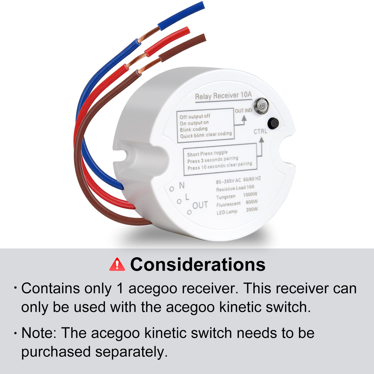 Acegoo Remote Control Receiver 3 Wire Controller AC85-265V Input Max 10A Amps, Works with Wireless Switches (Receiver Only)