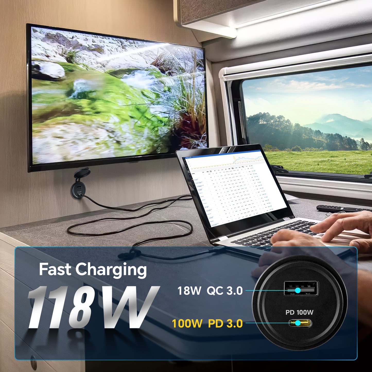 118W 12V USB Socket Aluminum Outlet, 100W PD3.0 USB-C & 18W QC3.0 USB-A