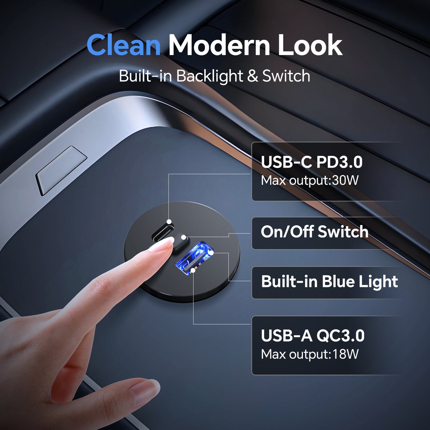 48W 12V USB Socket Outlet, PD3.0 30W+QC3.0 18W Built-in Switch& Blue Backlight