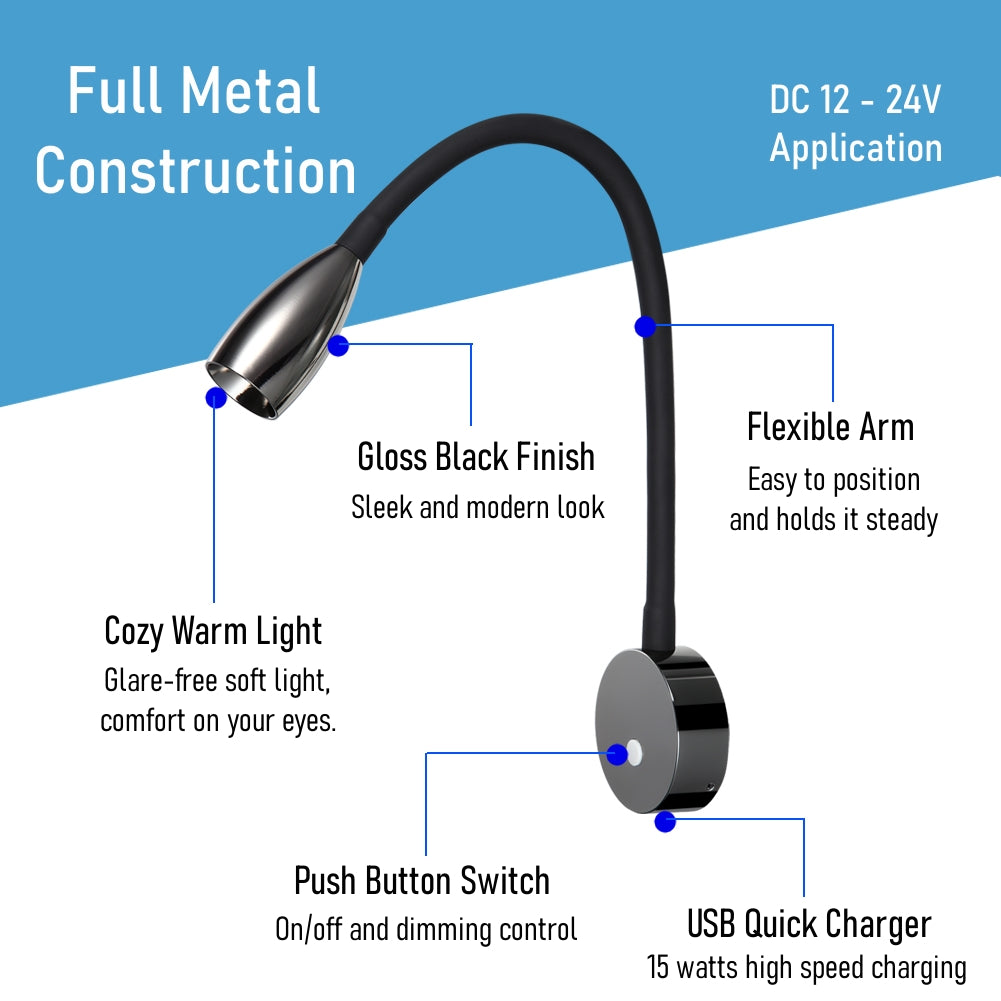 12V LED Reading Light RV Boat Flexible Gooseneck Built-in USB Quick Charger, DC12-24V, Hard-wired Glossy black