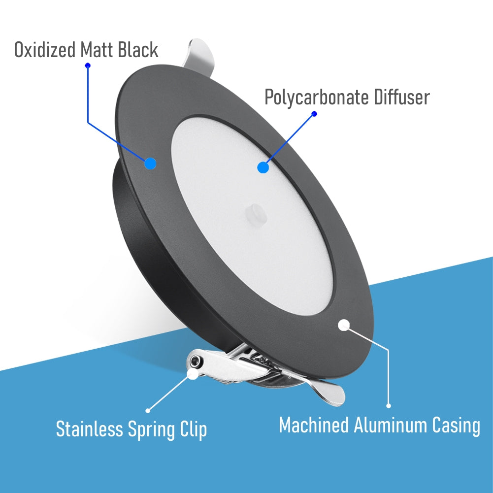 RV Boat LED Puck Light, 12V Recessed Ceiling Light Under Cabinet with Press Dimmer, Dimmable White Light & Blue Nightlight, 3-1/4” Full Aluminum 4-Pack