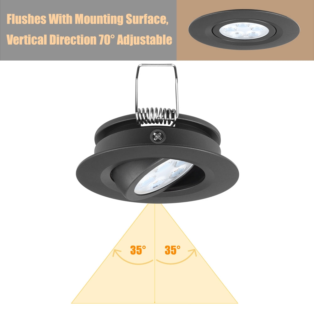 12V LED Puck Light RV Swivel Recessed Spotlight  36° Beam Angle Vertical 70° Adjustment,Full Aluminum Diameter 2-3/4 Inch Black