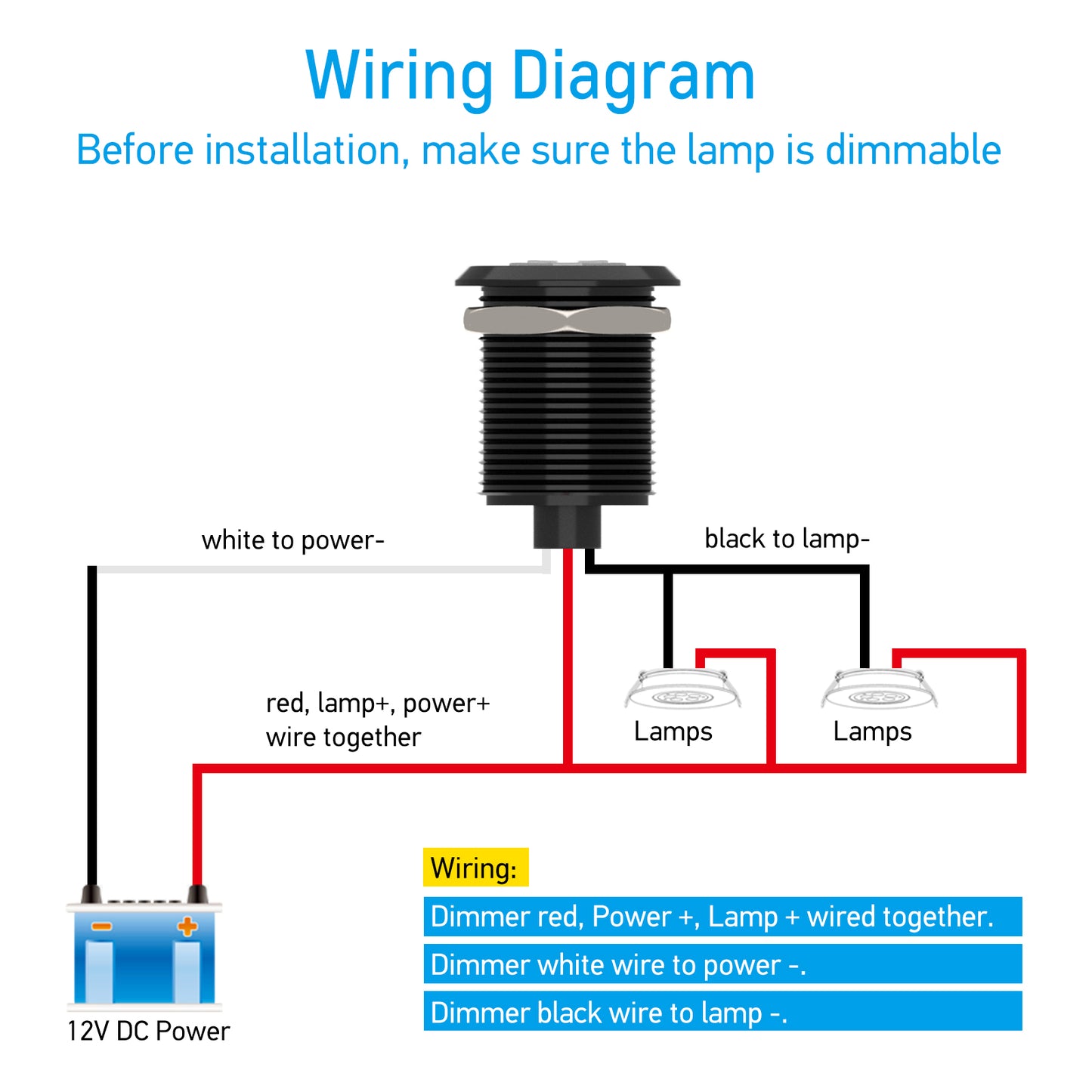 12V PWM Dimmer Switch Low Side, Push Button Dimmer for RV Boat Lighting & Led Strip Light, 6A Full Aluminum with Red Ring Light