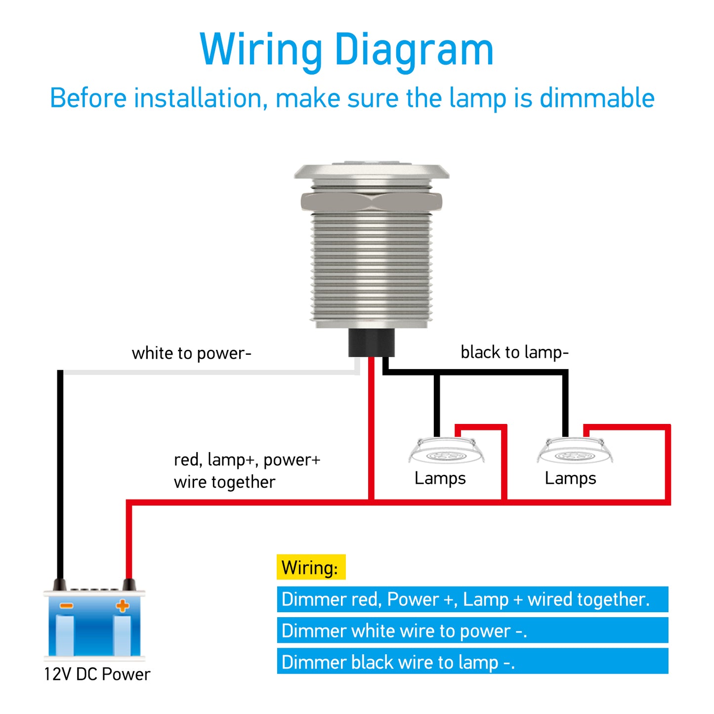 12V PWM Dimmer Switch Low Side, Push Button Dimmer for RV Boat Lighting & Led Strip Light, 6A Full Aluminum with Red Ring Light