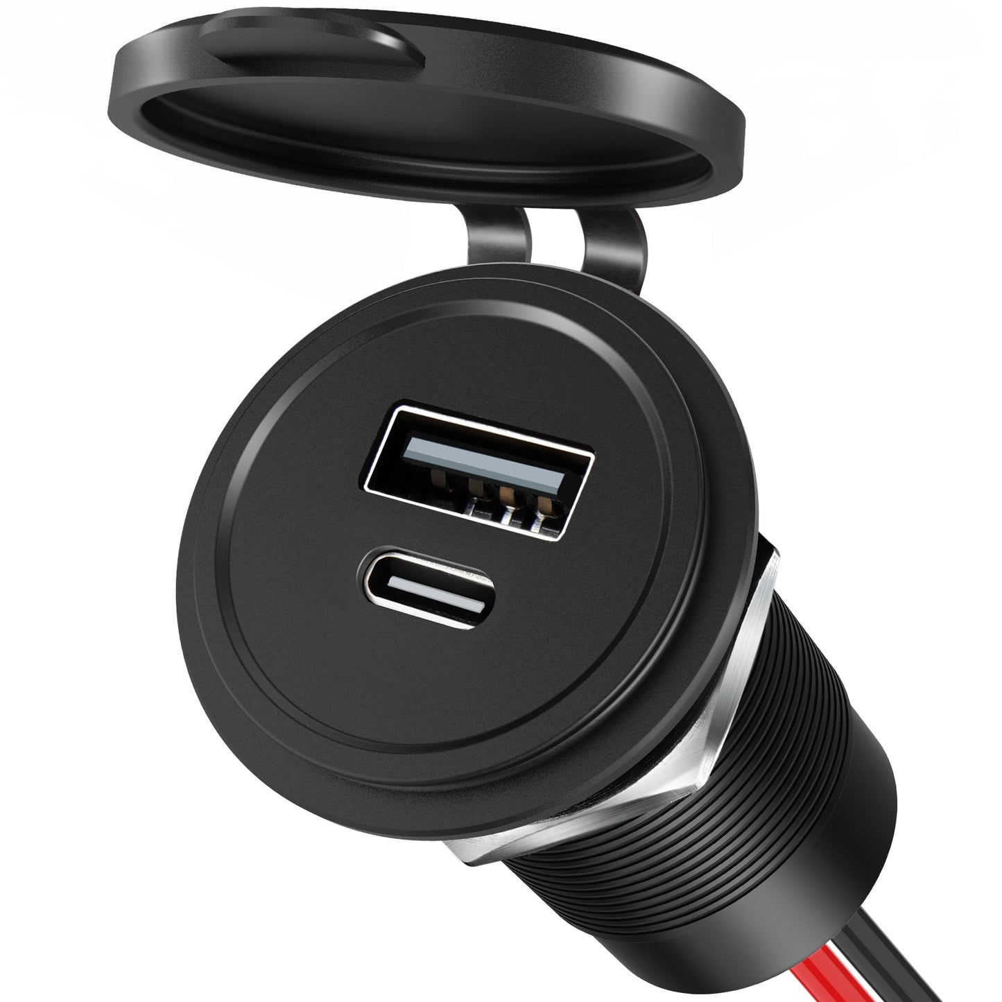 12V USB Outlet 30W PD USB-C & 18W QC3.0 Aluminum Car Charger, Hole 1"(25mm)
