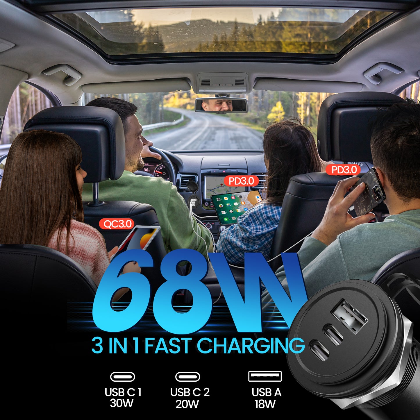 68W 3 Port 12V USB Outlet, Dual PD3.0 Type-C & QC3.0 USB Aluminum Car Charger, Multi Port USB