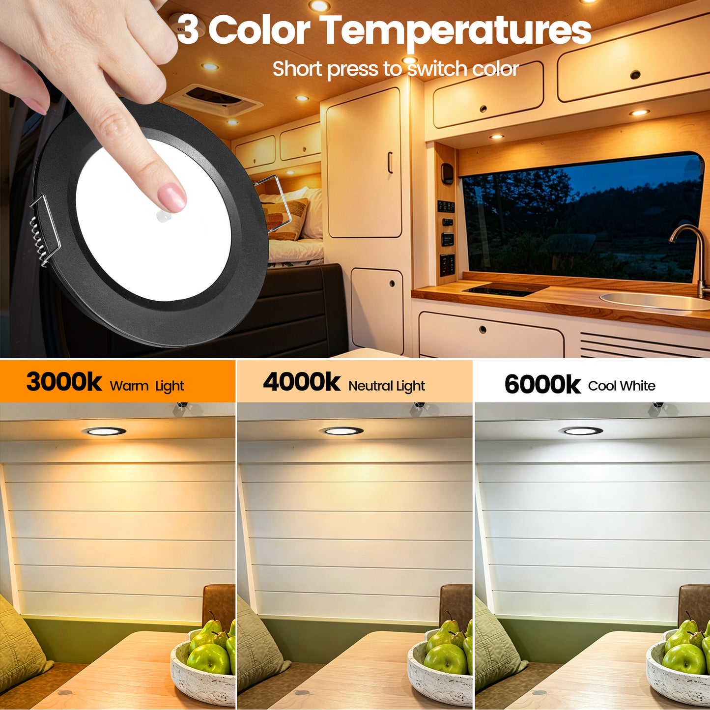 12V LED Lights, Recessed Ceiling Light 76mm 3CCT 3000K/4000K/6000K