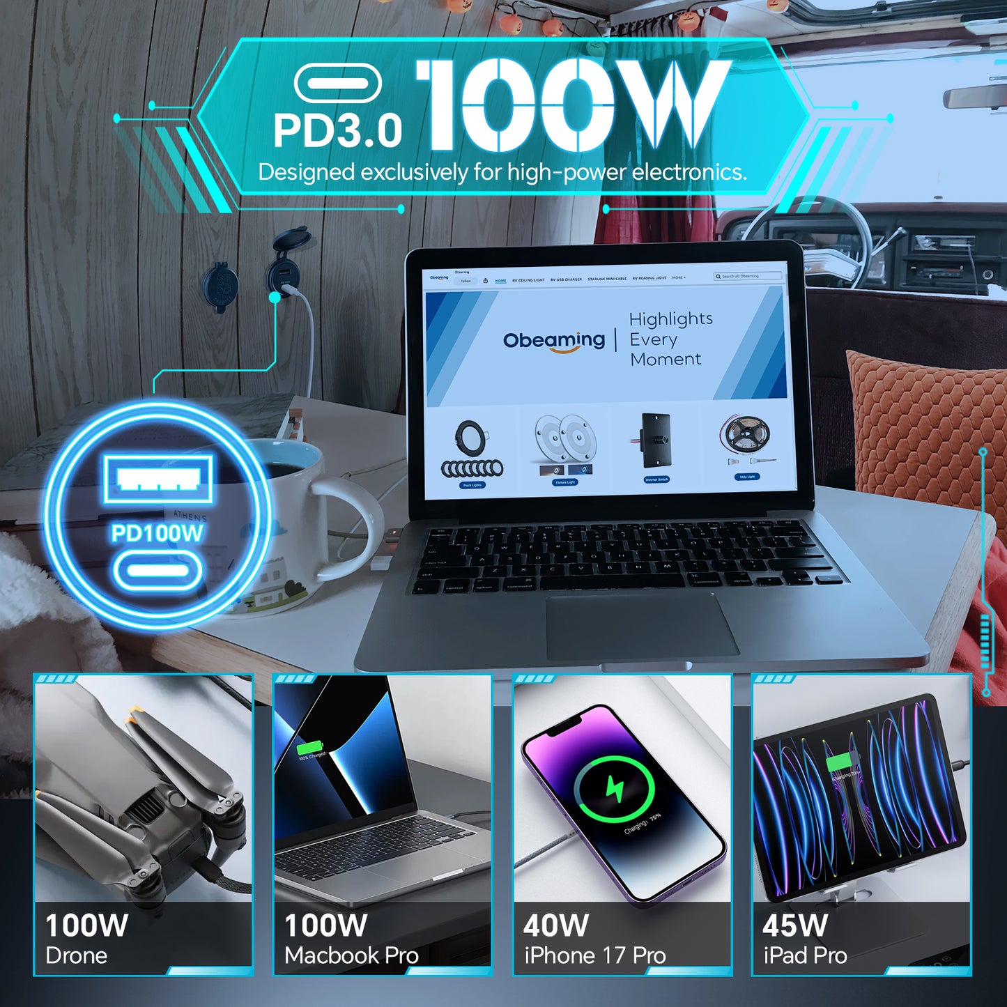 118W 12V USB Socket Aluminum Outlet, 100W PD3.0 USB-C & 18W QC3.0 USB-A