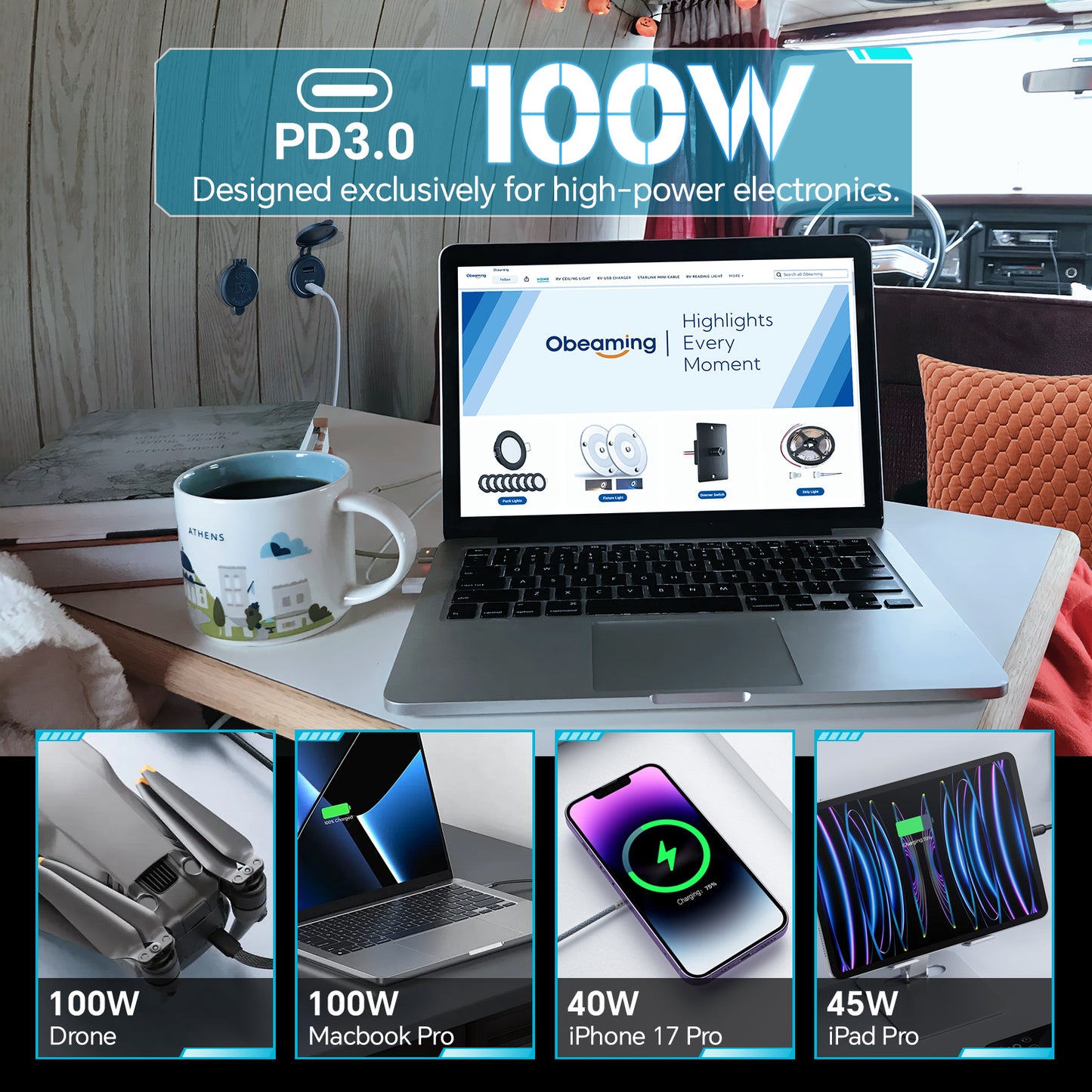 118W 12V USB Socket Aluminum Outlet, 100W PD3.0 USB-C & 18W QC3.0 USB-A