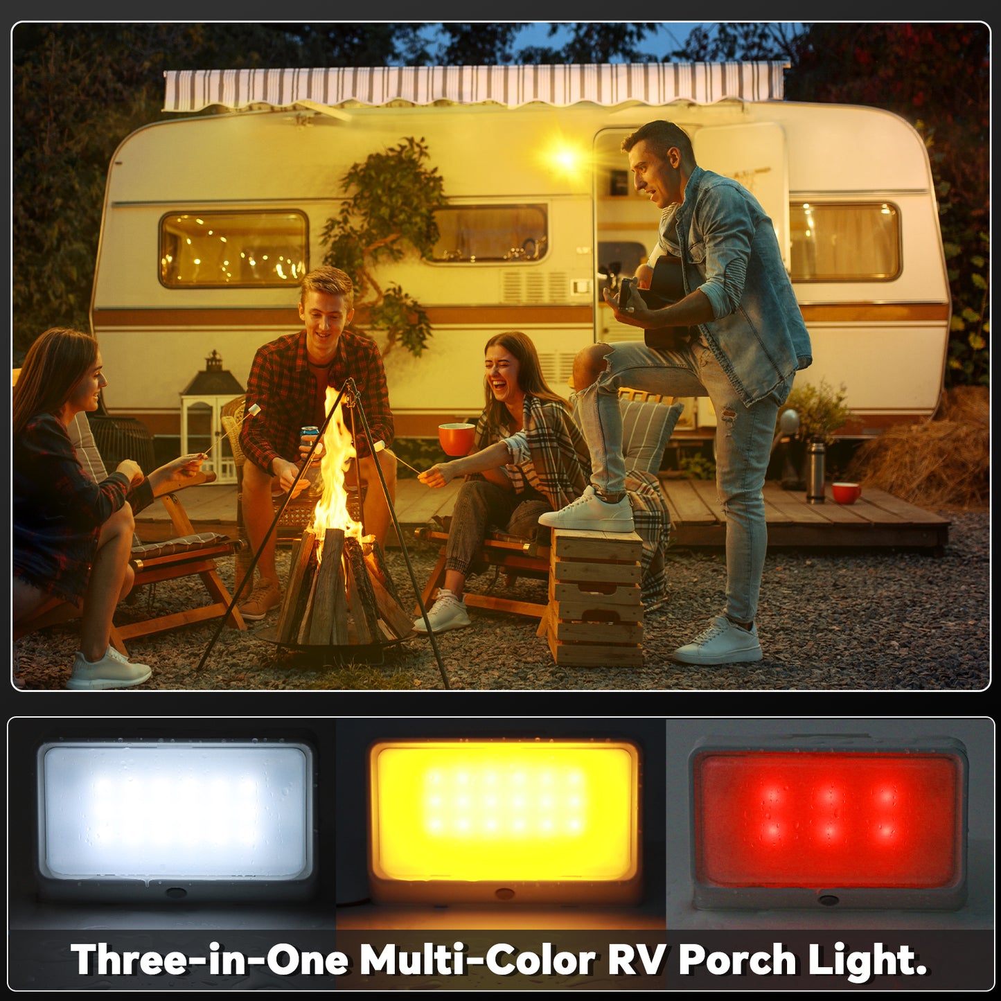 12V RV Exterior Porch Light with 3 Lighting Modes (1800K, 6500K, Red) - On/Off Switch, IP65 for Boat Truck Motorhome & 5th Wheels