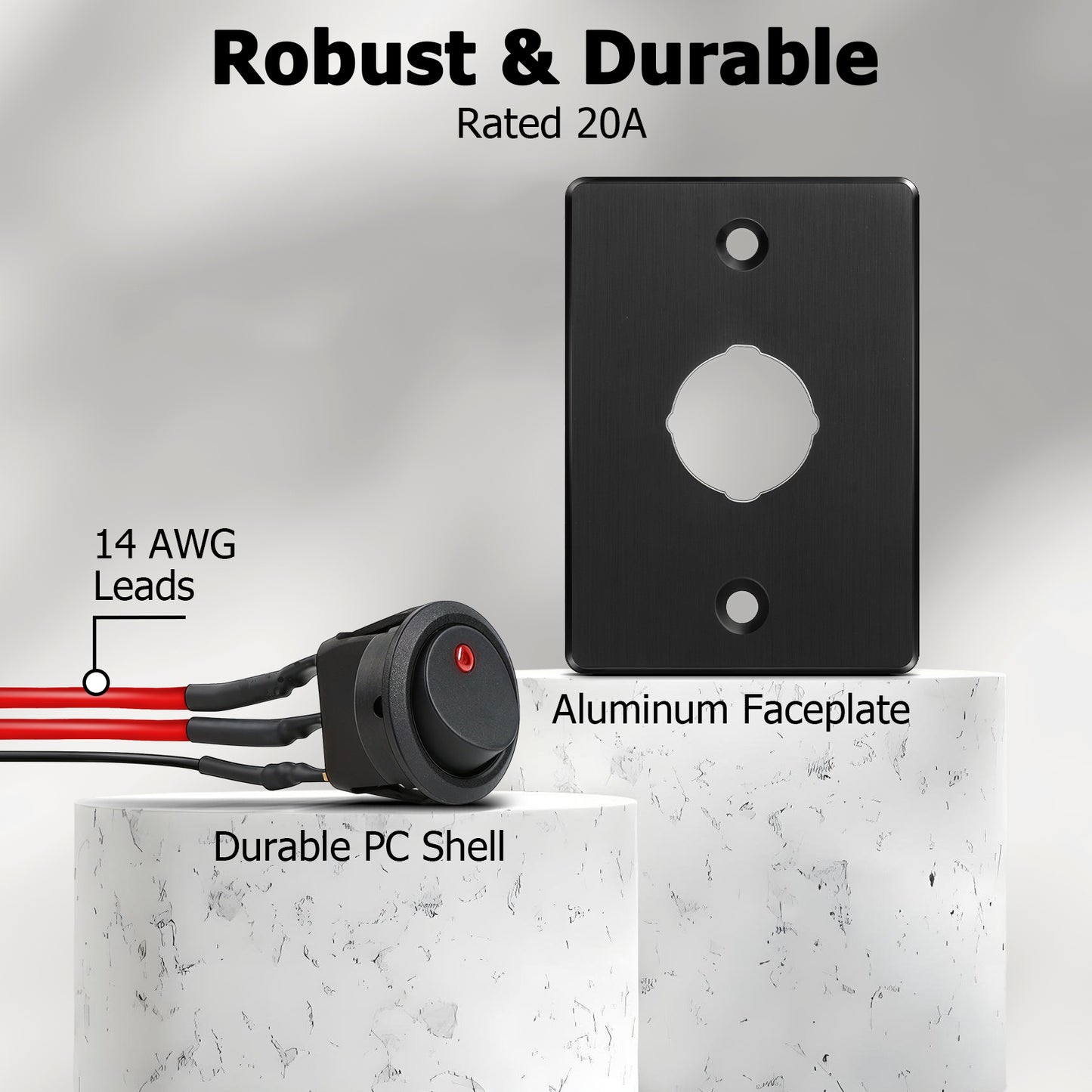 Aluminum Panel 12V Rocker Switch Red LED Lighted 20A SPST On/off Toggle Switch w/ 14 AWG Pre-wired Leads for RV Boat Truck Car Automotive or 12V/24V Circuit