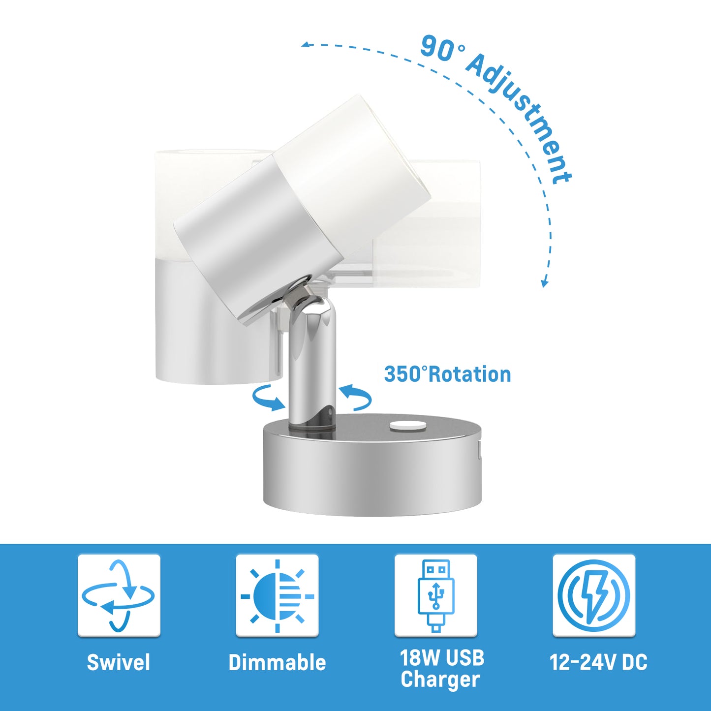 12V LED Reading Light, RV Bedside Swivel Wall Lamp Built-in High-Speed USB Charger, Frosted Acrylic Press Dimmer Switch