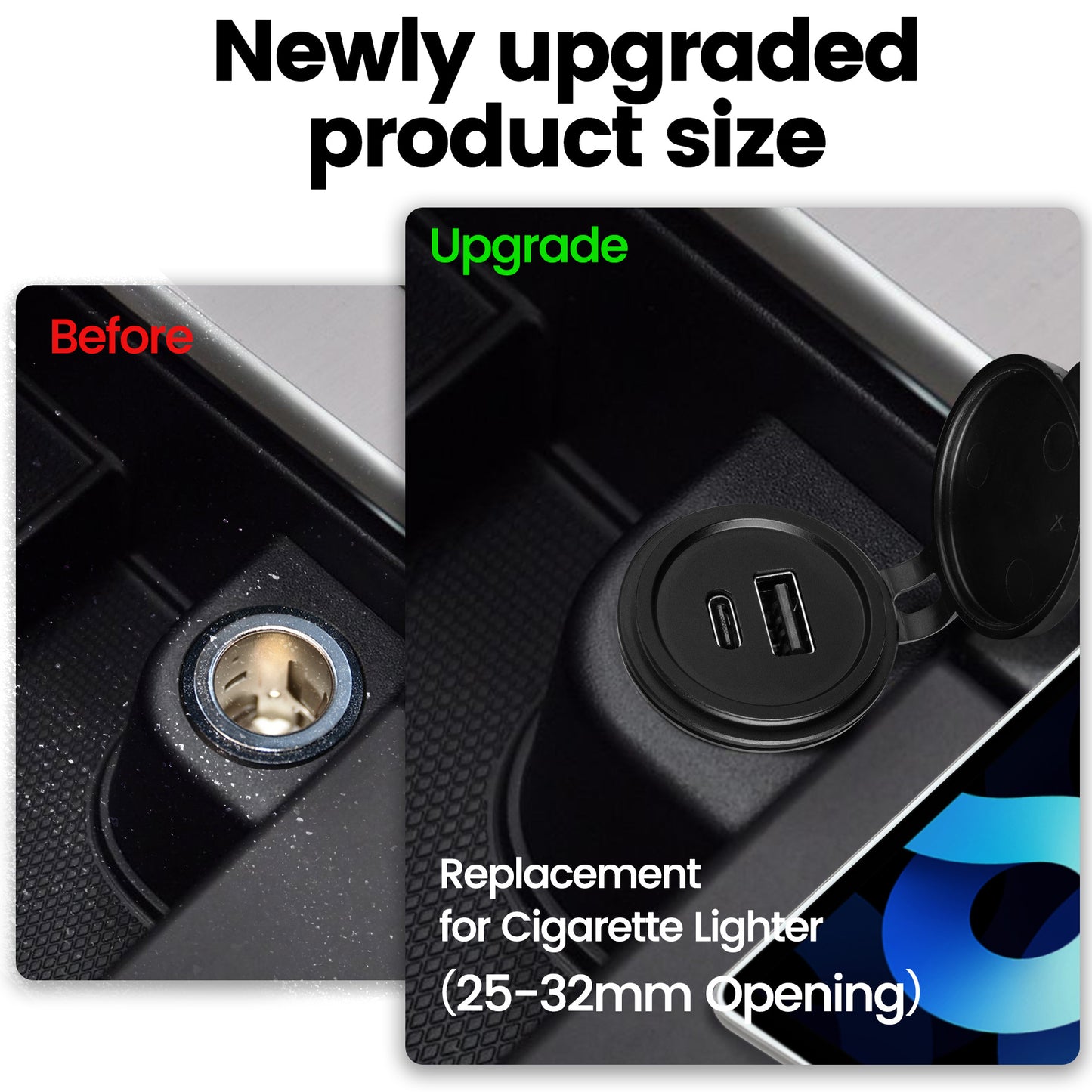 12V USB Outlet 30W PD USB-C & 18W QC3.0 Aluminum Car Charger, Hole 1"(25mm)