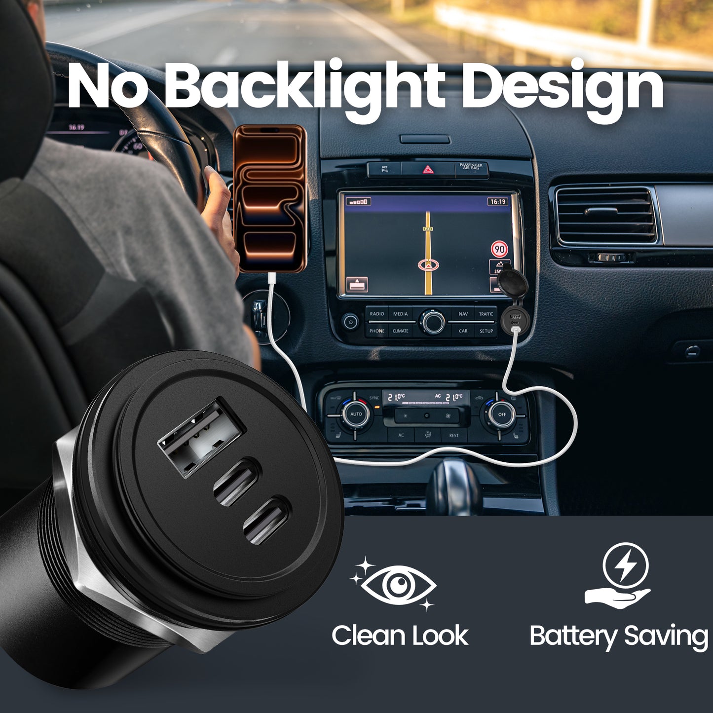 68W 3 Port 12V USB Outlet, Dual PD3.0 Type-C & QC3.0 USB Aluminum Car Charger, Multi Port USB