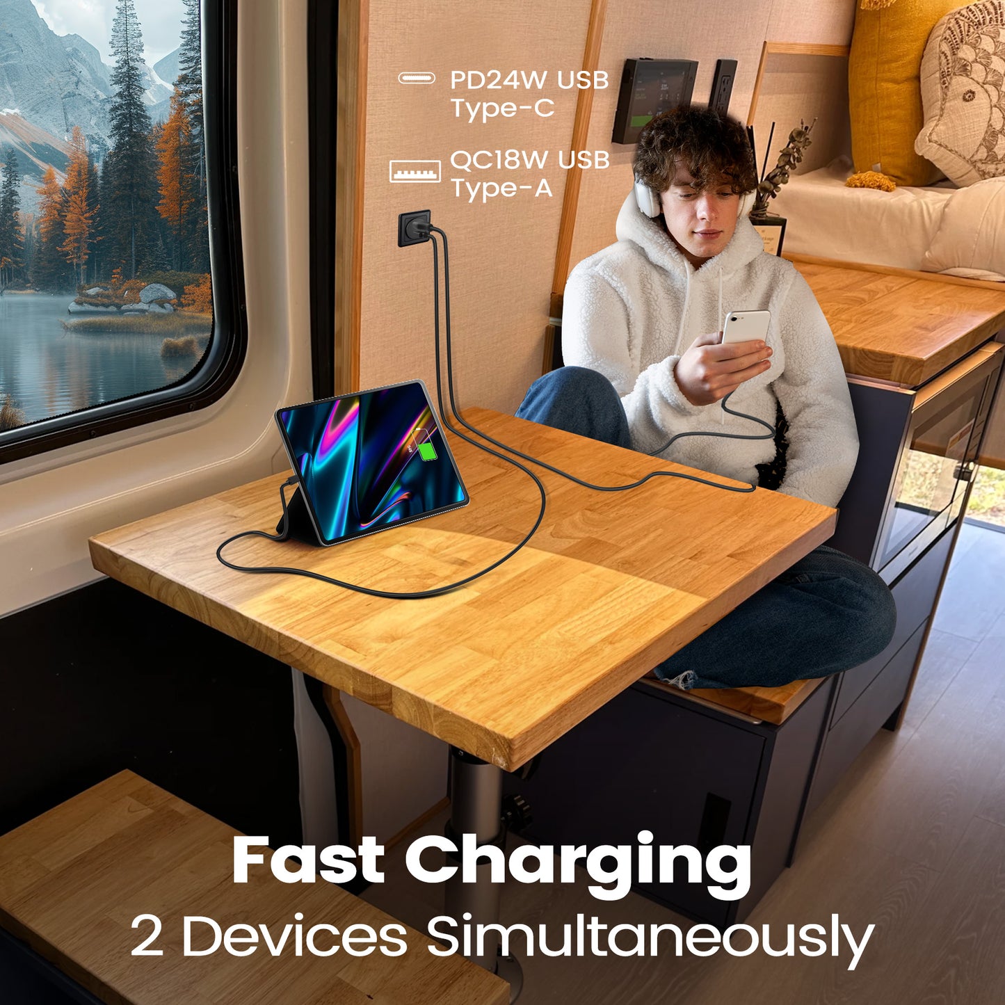 RV USB Outlet 12V Wall Mount,PD3.0 24W & QC3.0 18W 12V Aluminum with Black Faceplate