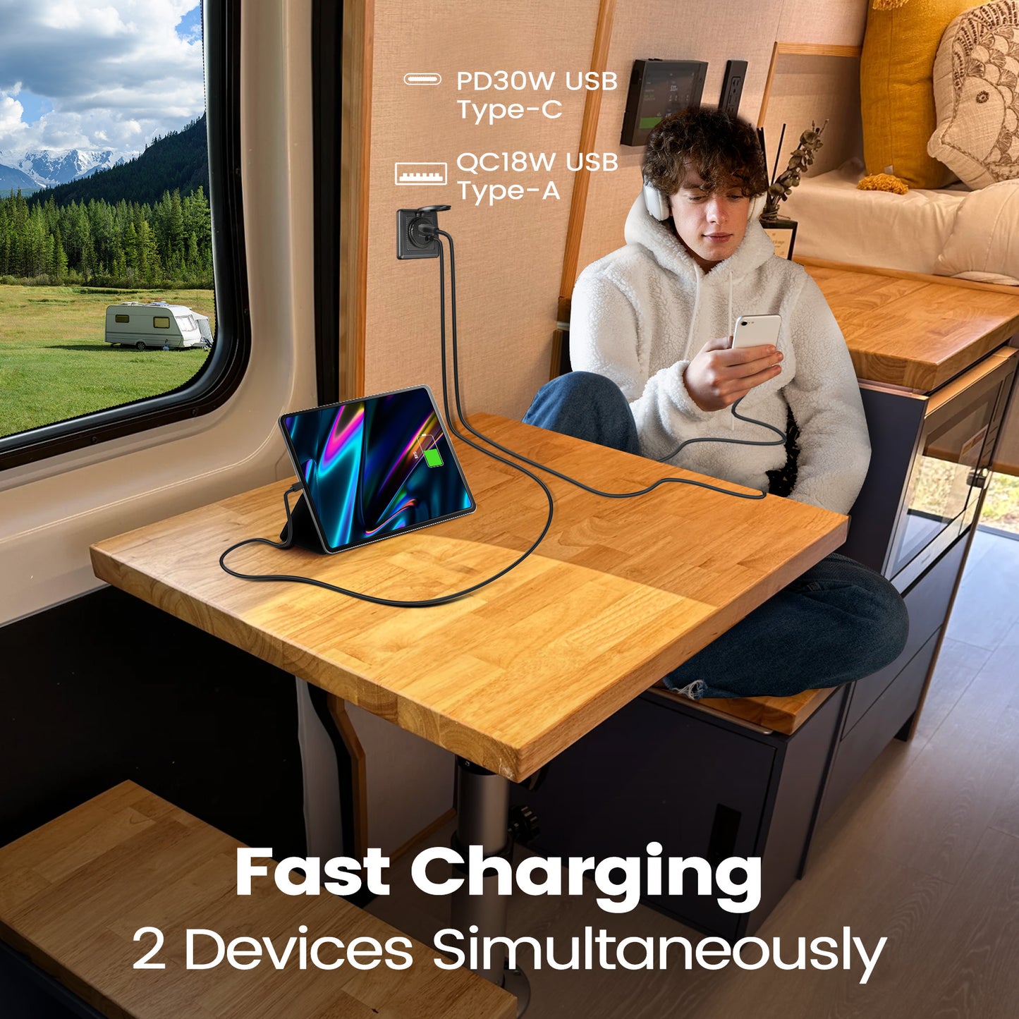 RV USB Outlet 12V Wall Mount,PD3.0 30W & QC3.0 18W 12V Aluminum with Black Faceplate